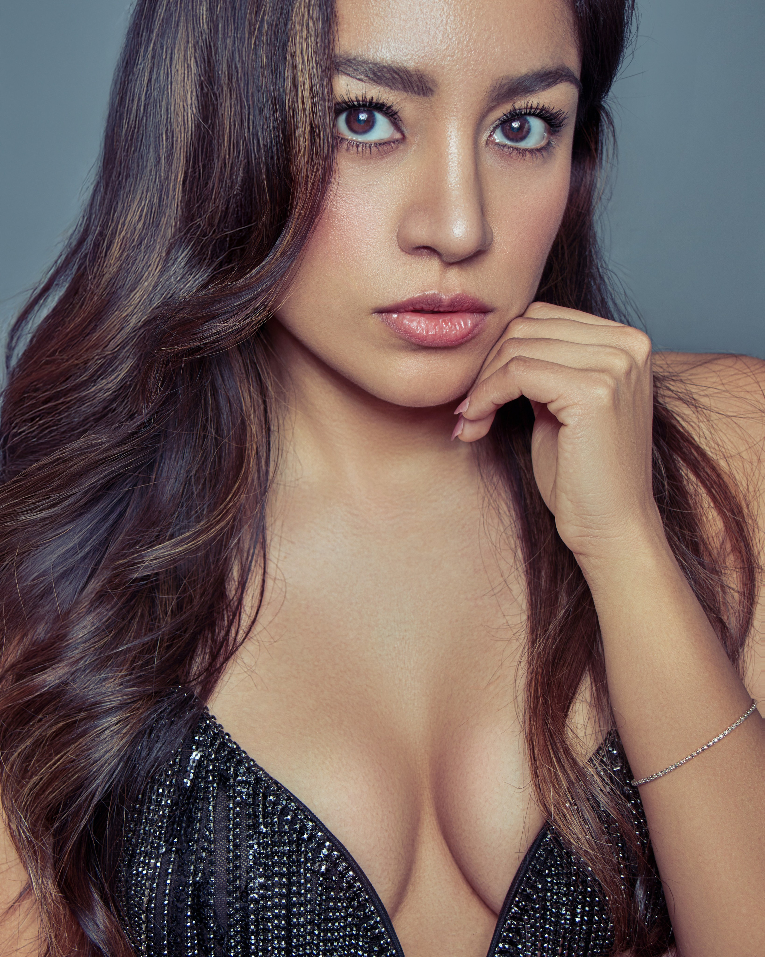 Salt Lake City glamour portrait photography, confident woman in sparkly dress at Shtatolkina Studio