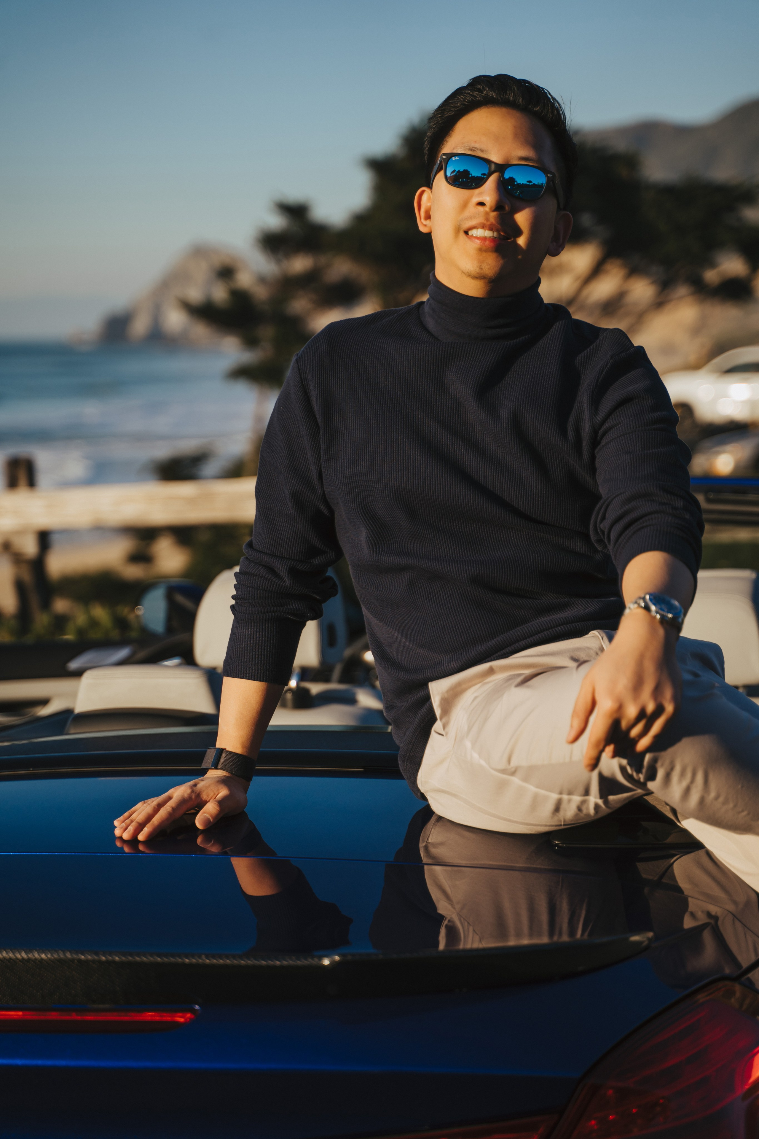 A photo shoot on the San Francisco beach at sunset. Engagement session. 