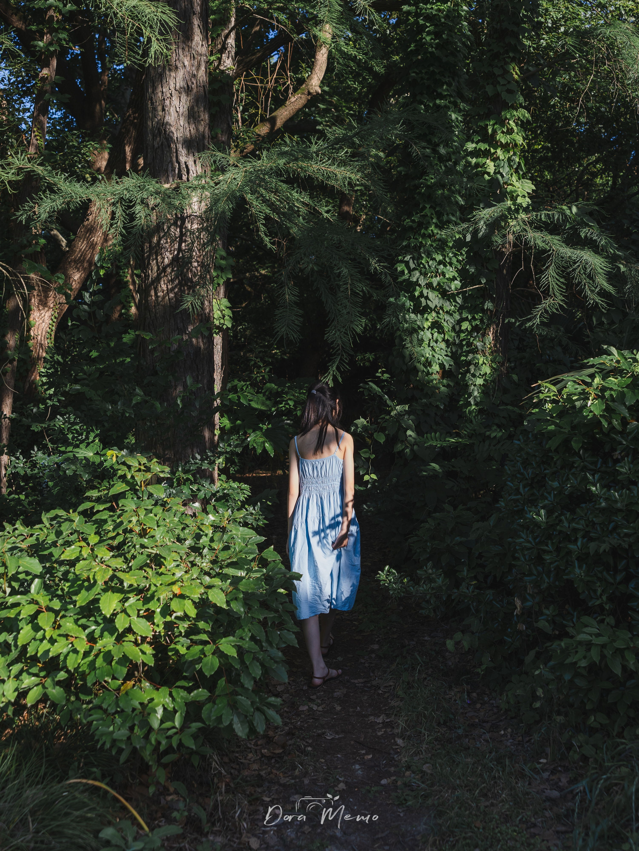  Walking away down a forest path, wide shot | A 14-year-old girl walking down a tree-lined path, Shanghai lifestyle photography