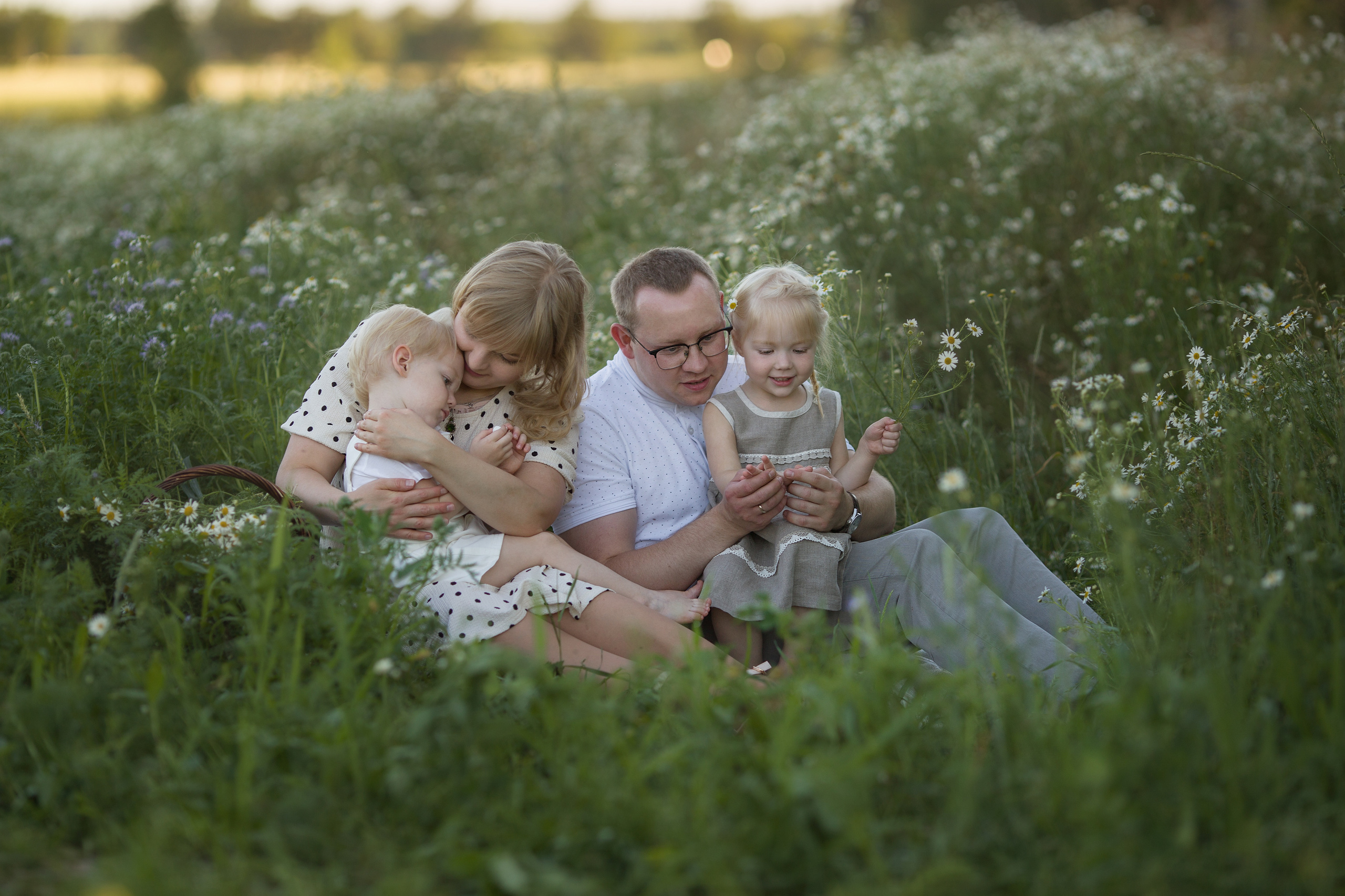 Family walk in a chamomile field. Family photographer in Vilnuis Svetlana Naumova