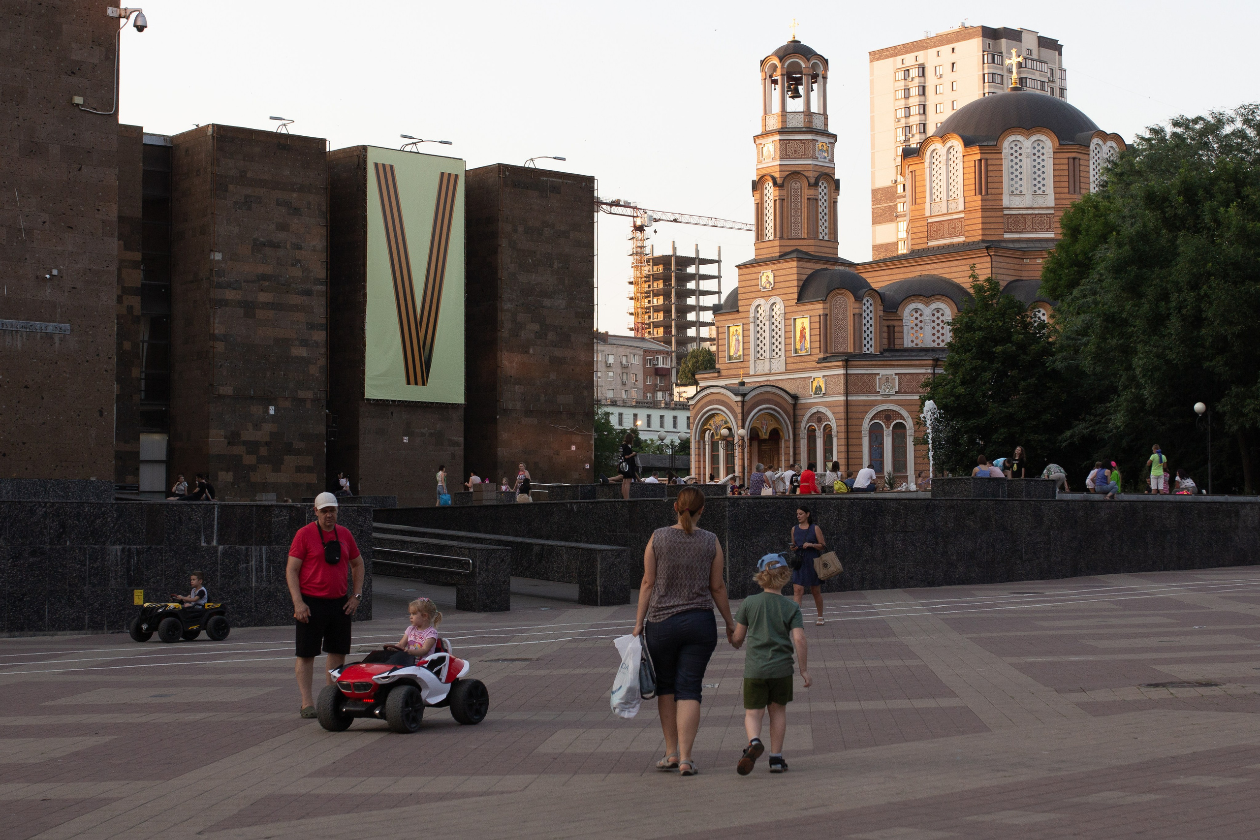 Public library with posters using pro-war symbols.