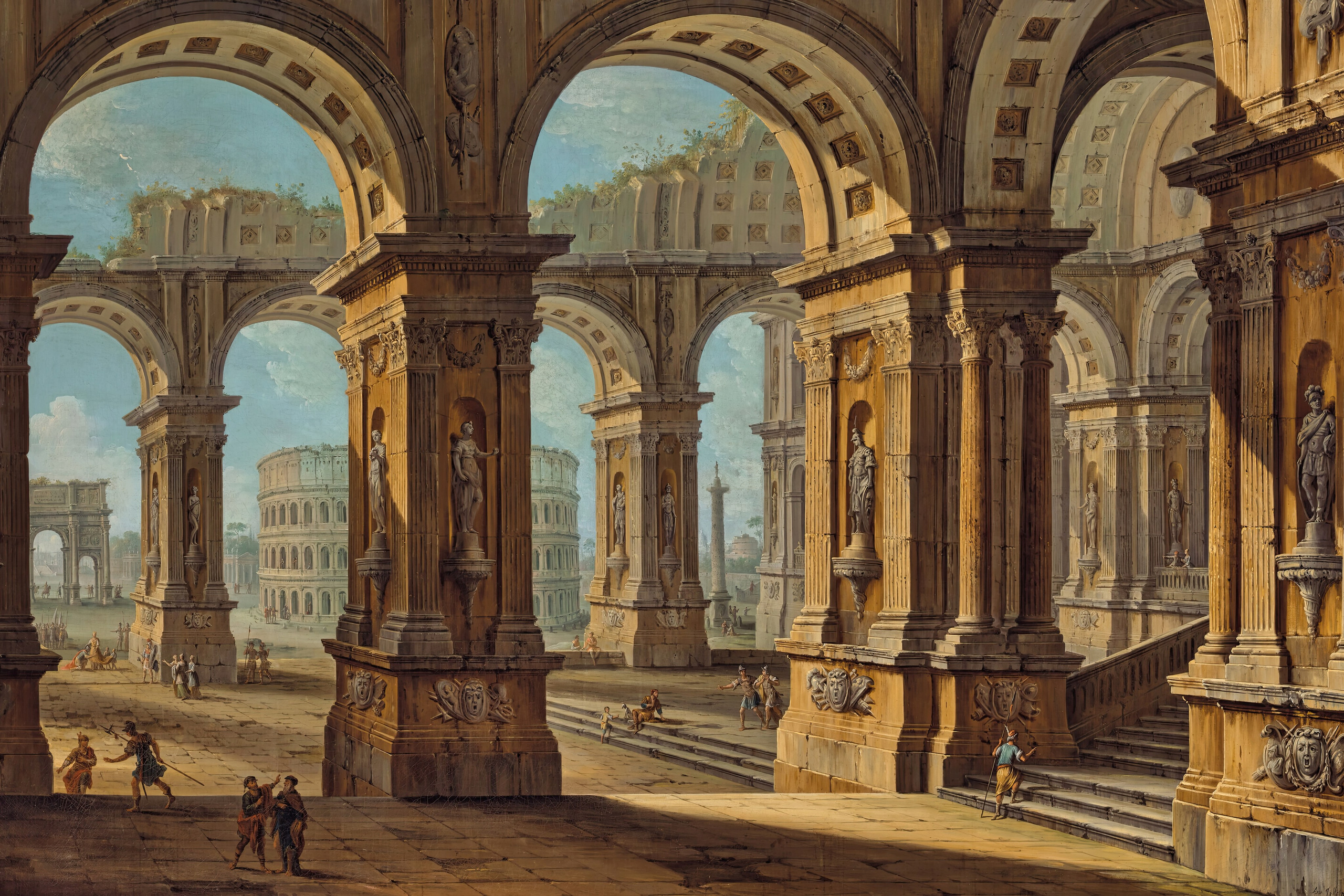 Photography of Italy – Antonio Joli capriccio of Rome with the Colosseum and the Arch of Titus, 18th-century painting included in a photography book about Rome.