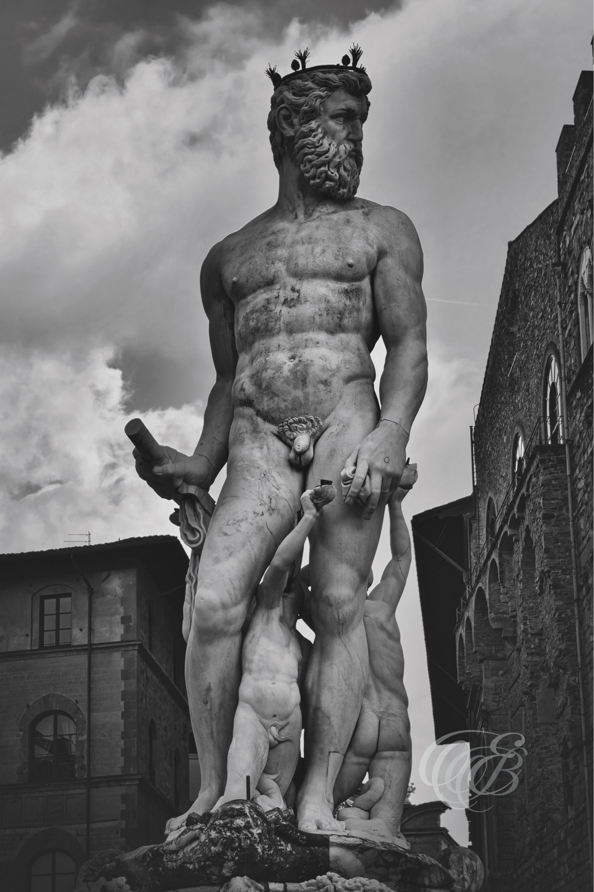 Florence Italy - The Fountain of Neptune at Sunset - B&W Matte - Eduardo Bartoli Fine Art Photography - Black-and-white matte photograph of the Fountain of Neptune in Florence, Italy at sunset – fine art photography by Eduardo Bartoli.