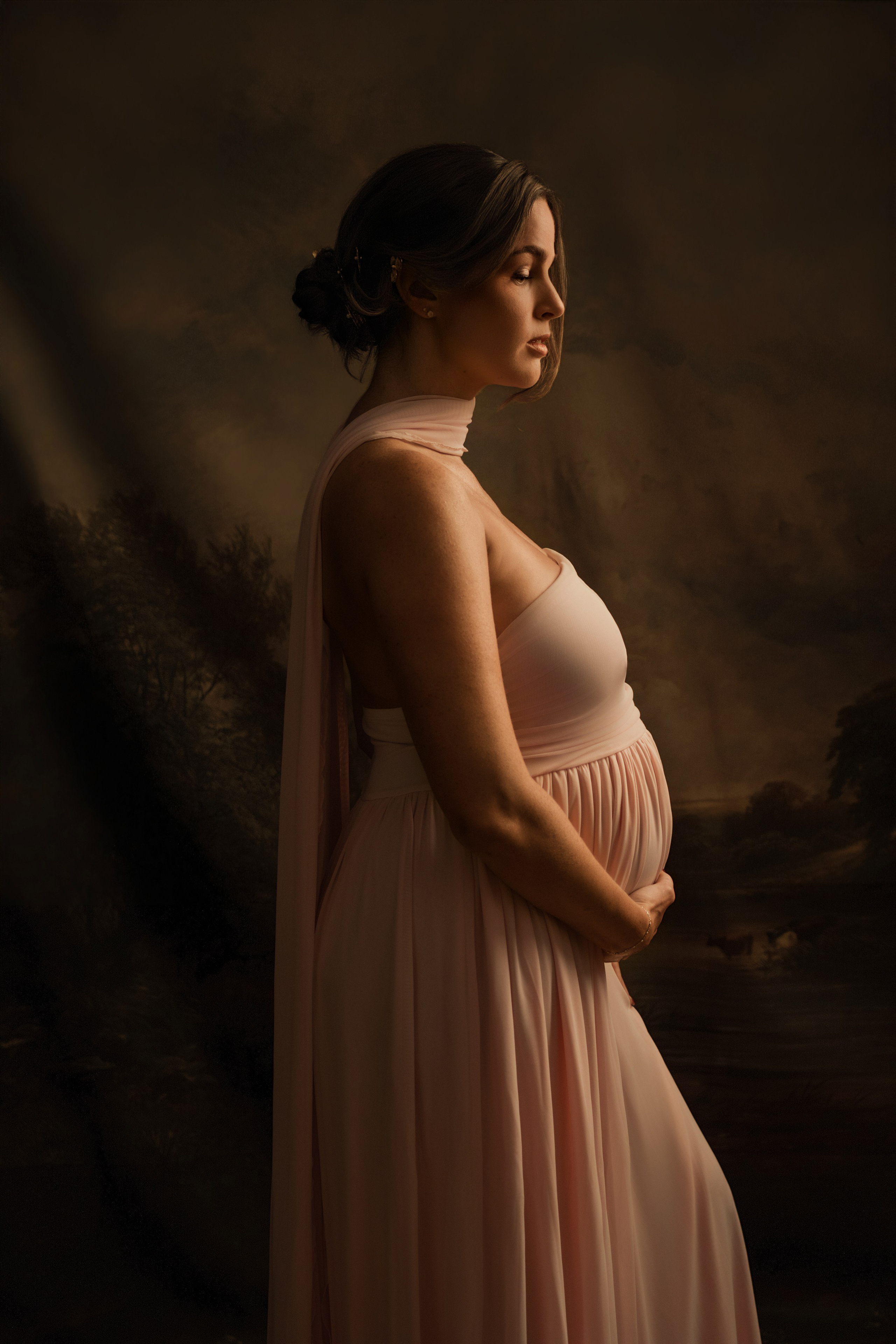 Profile of a pregnant woman with her hair pinned up, low studio light