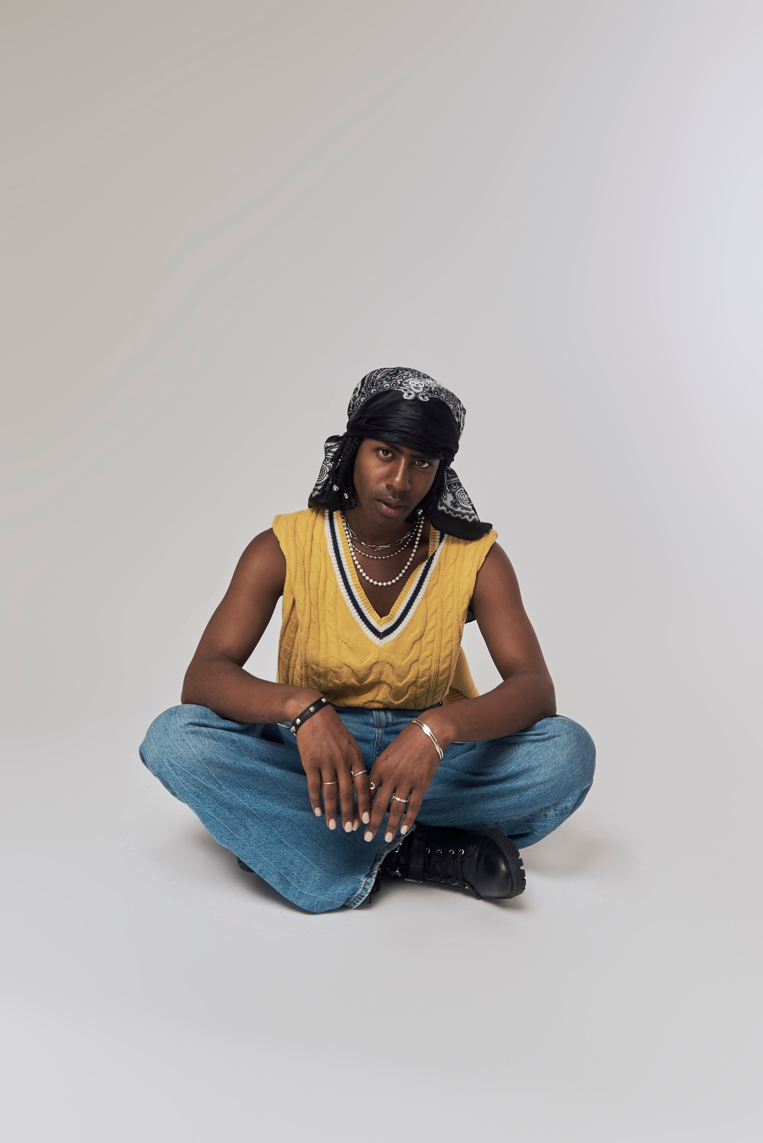 Relaxed male portrait during a minimalist studio session