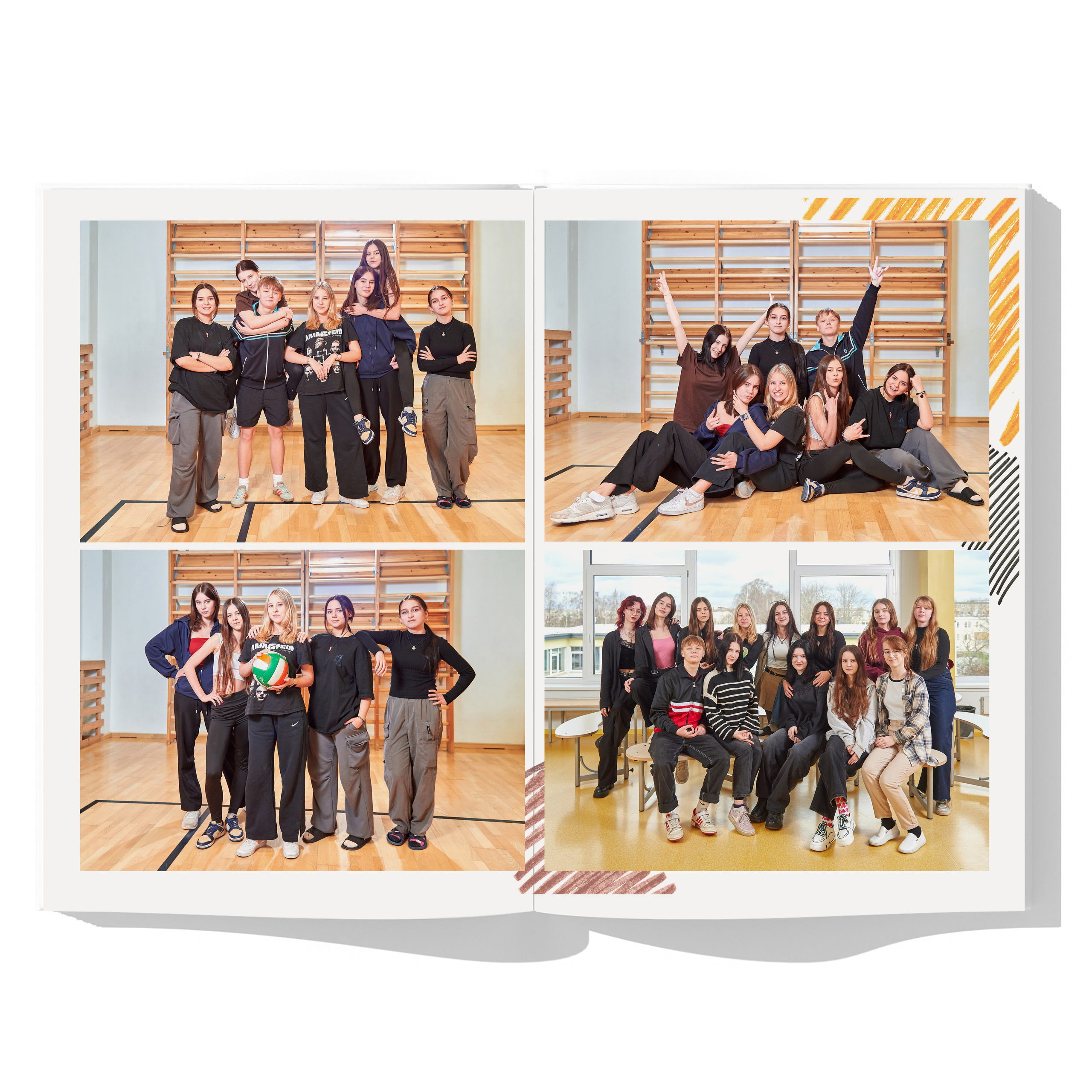 Разворот с фотографиями с позирующими друзьями на уроке физкультуры