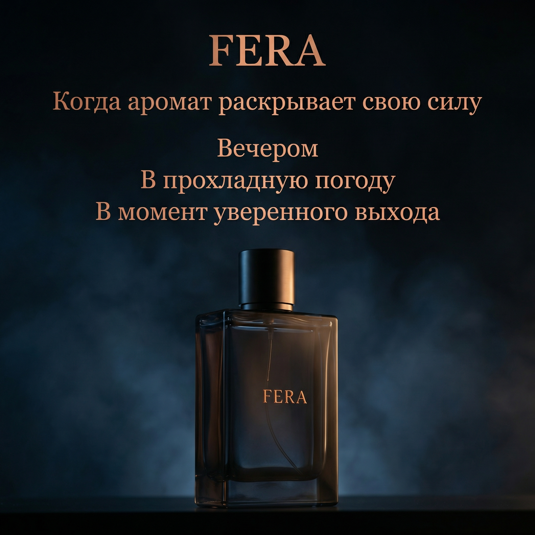 Флакон парфюмерной воды FERA на тёмном фоне с текстом характеристик: объём 100 мл, древесный пряный минеральный аромат, стойкость до 10 часов, выраженный шлейф, подходит для мужчин и женщин, сезон осень и зима, вечернее время суток.