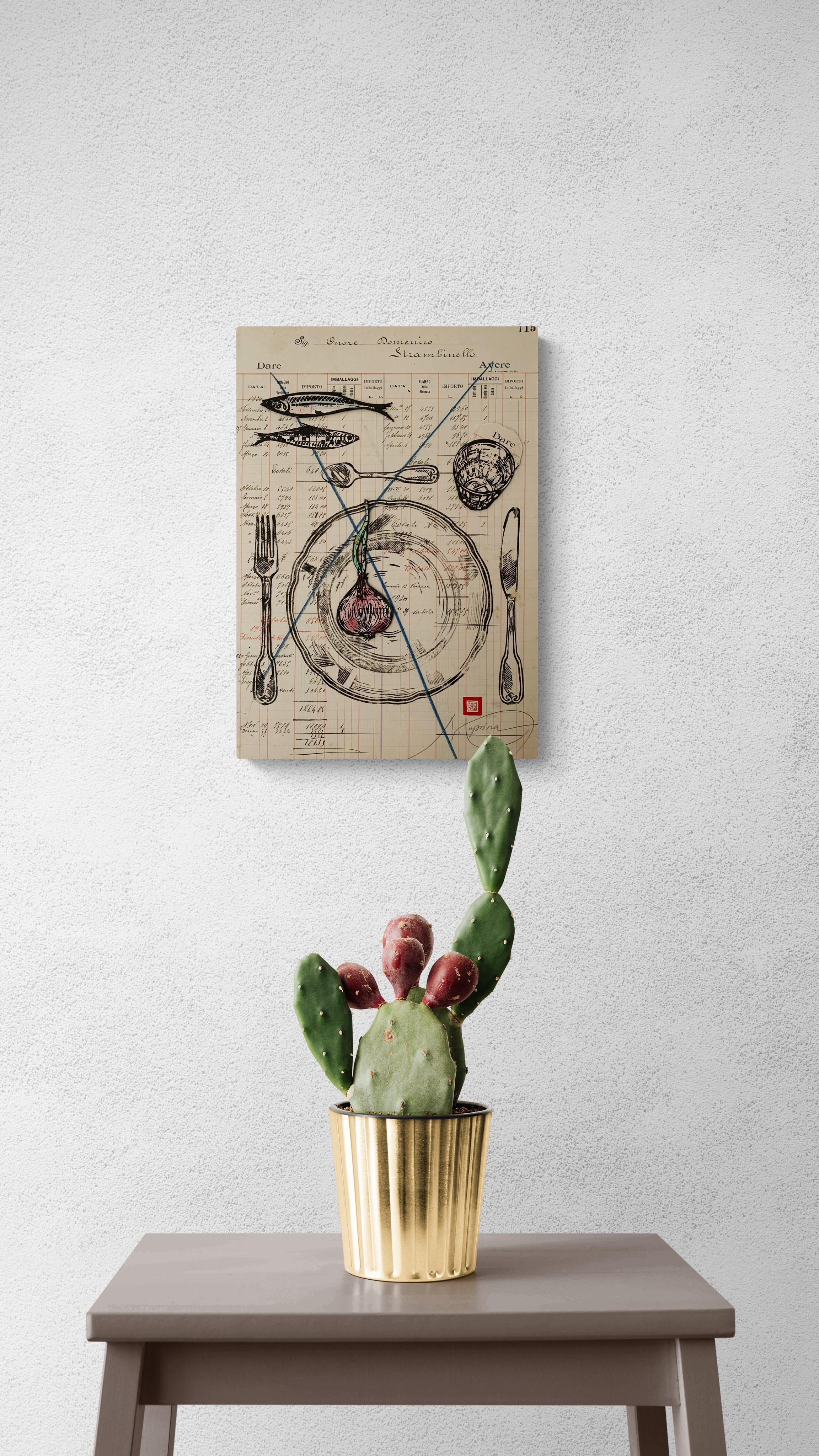 Pagina originale di registro contabile d’inizio Novecento trasformata in opera attraverso stampa manuale in linoleografia di piatti e posate. Carta d’archivio con scritture originali incollata su telaio, 29,5 × 43 cm. Stratificazione di memoria, carta vissuta e gesto grafico. Valorizzazione della carta vissuta. Dialogo tra materiali artistici, tra ieri e oggi.