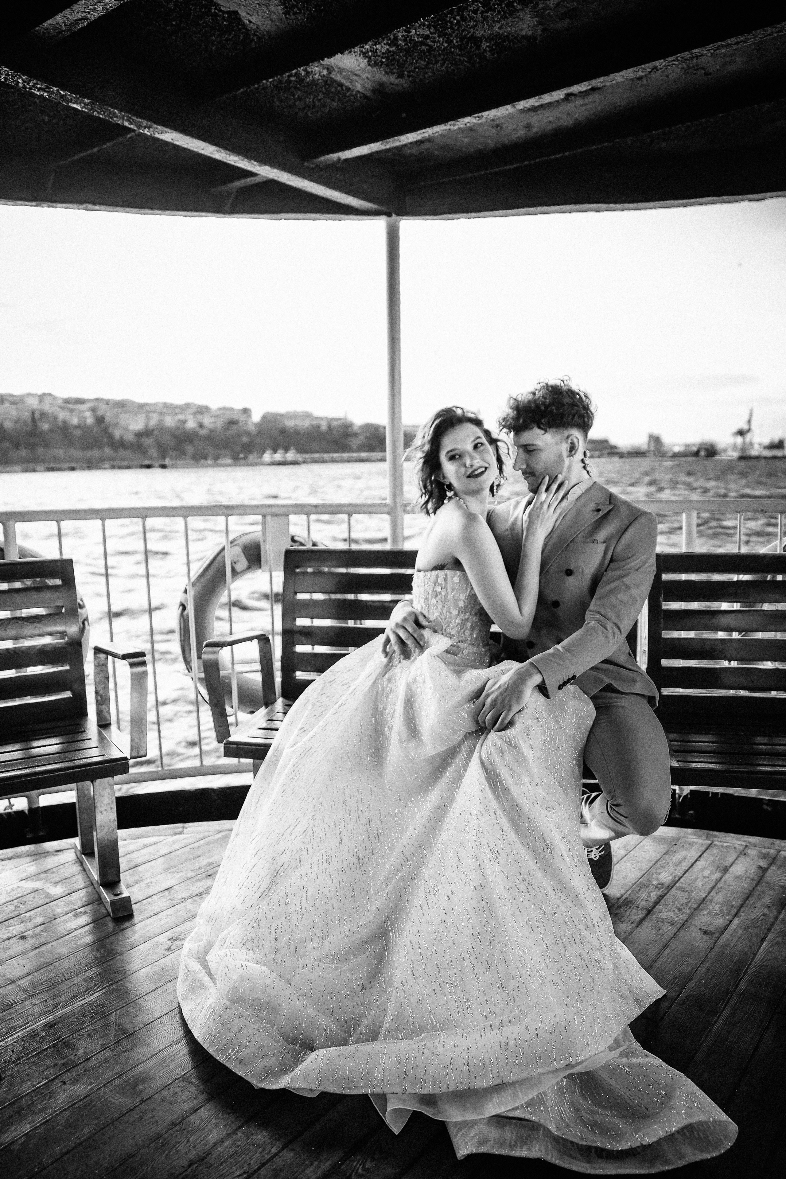  Wedding couple in Istanbul with the sea and mountains in the background – European wedding photography.