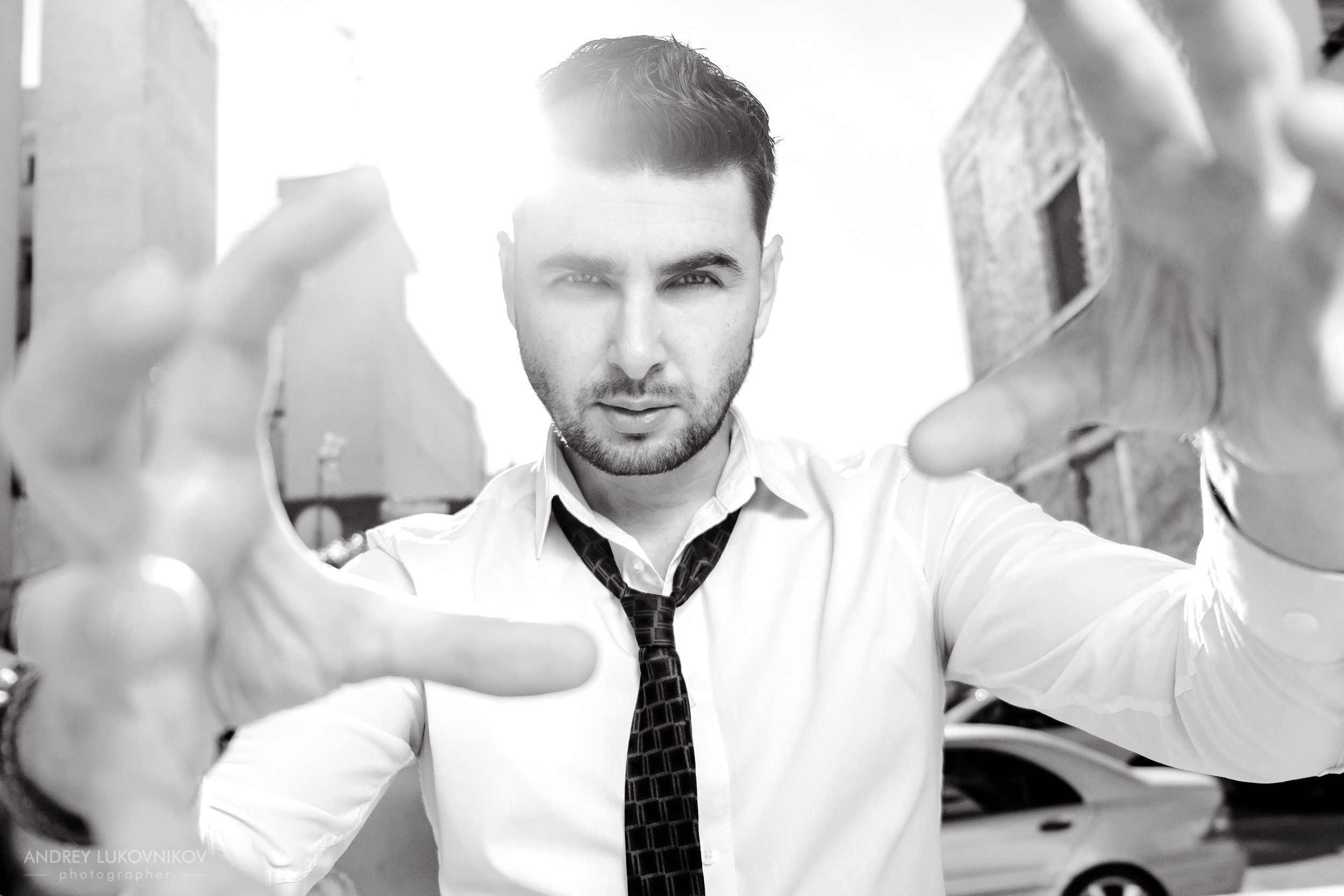 Saxophonist Pavel Leontiev. Photo session for a musician in the city