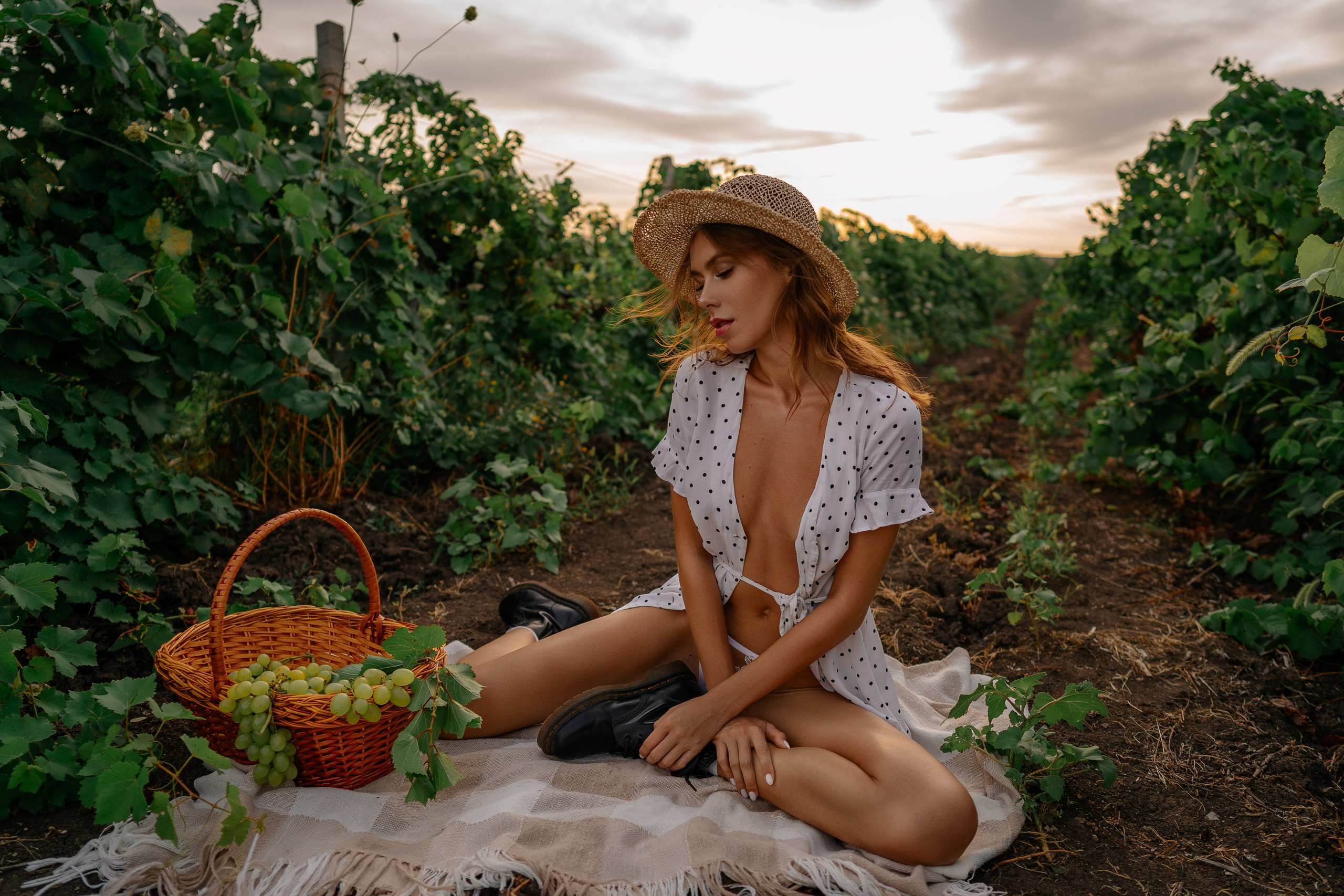 Grapevine Muse. Nice young woman poses gracefully with a basket of grapes, surrounded by the lush green vines of a vineyard. She is dressed in a charming white dress with floral patterns, looking serene and elegant. The backdrop of endless grapevines adds depth and richness to the image, making it perfect for vineyard advertisements or lifestyle blogs.