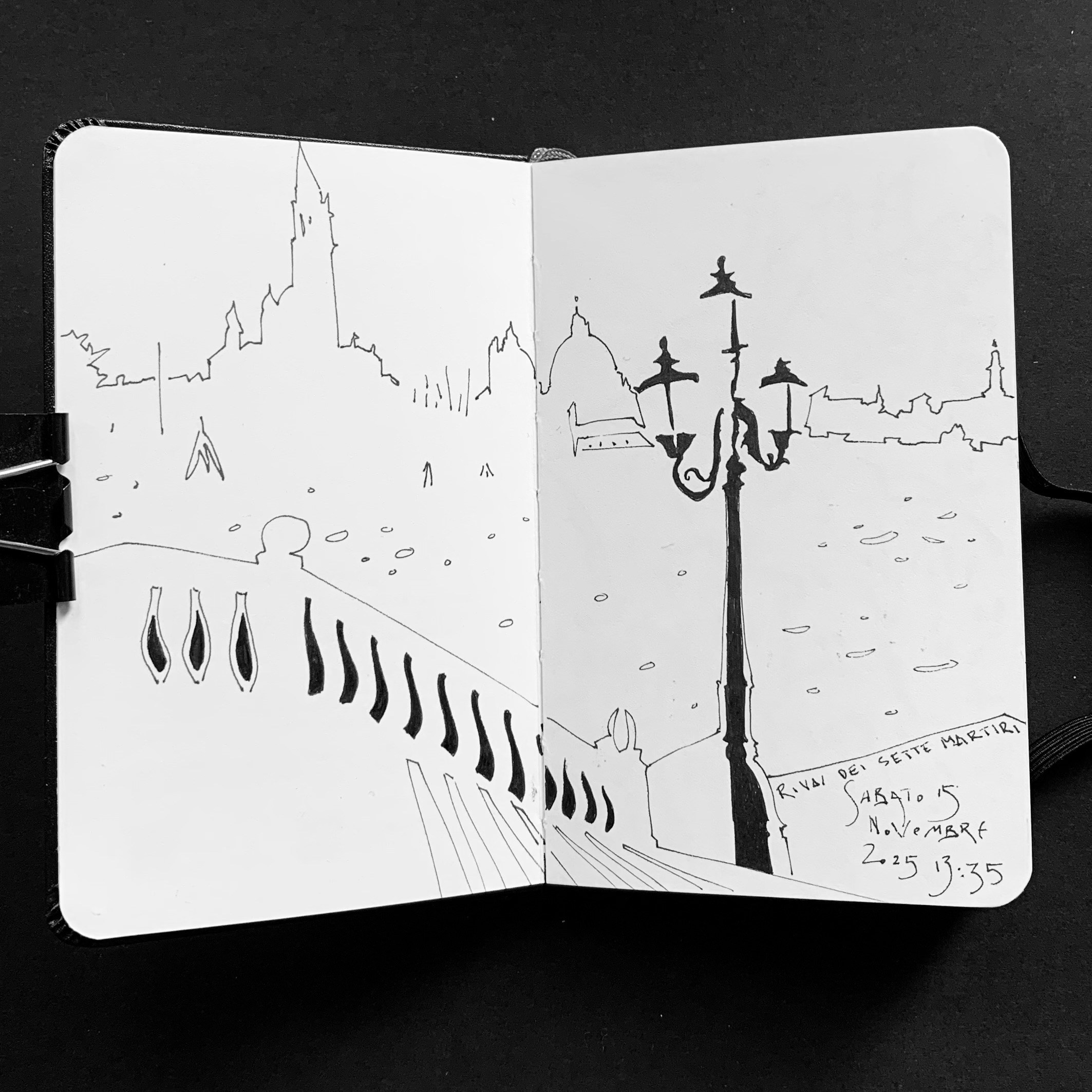 Moleskine notebook with hand-drawn sketches made in Venice, reflecting Nadia Kuprina’s daily drawing practice rooted in observation and visual research. A black and white drawing of a bridge with Venetian view.