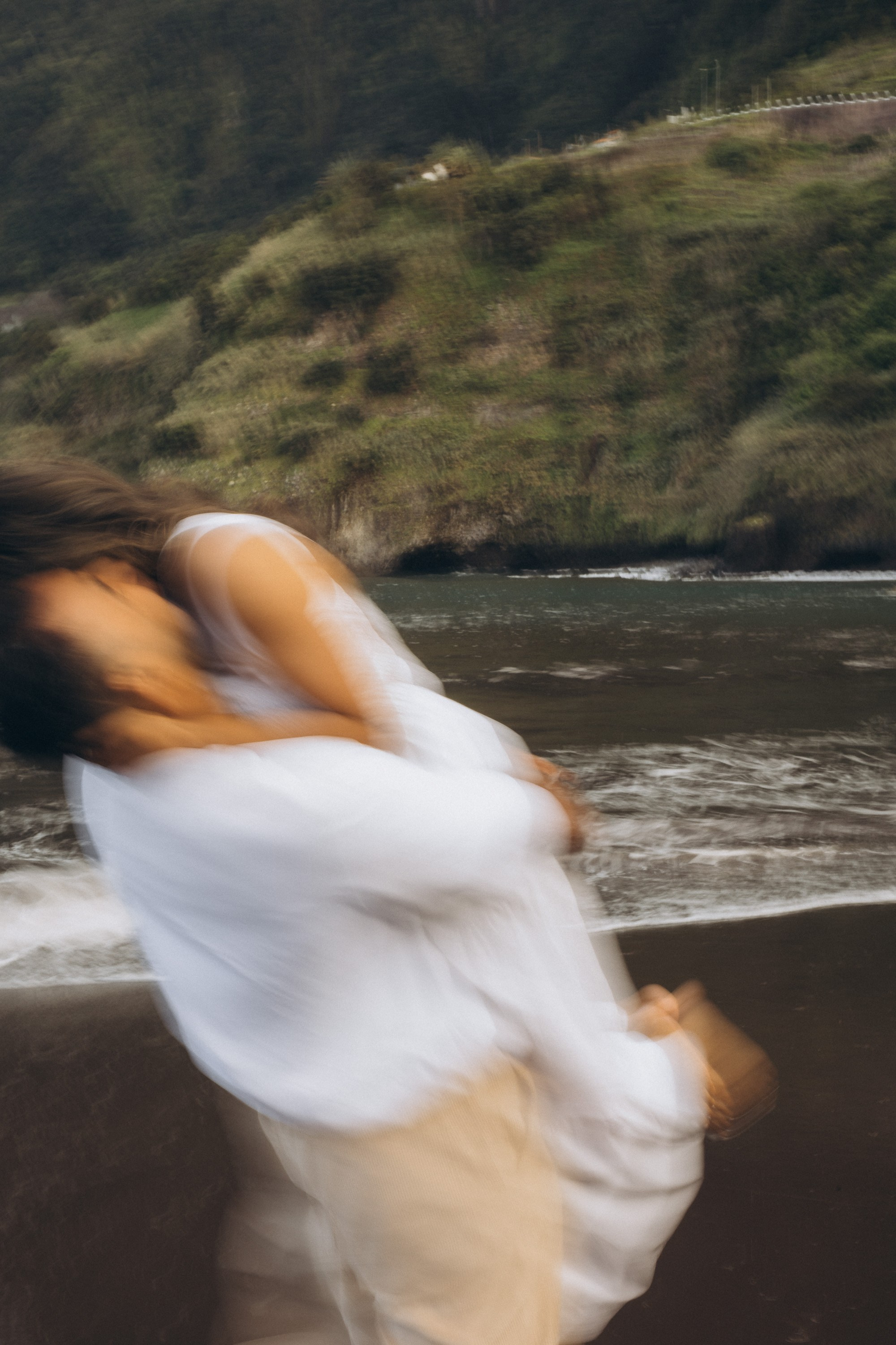 Proposal at Seixal Beach, Madeira – romantic engagement by the ocean, capturing intimate moments on the black sand shore