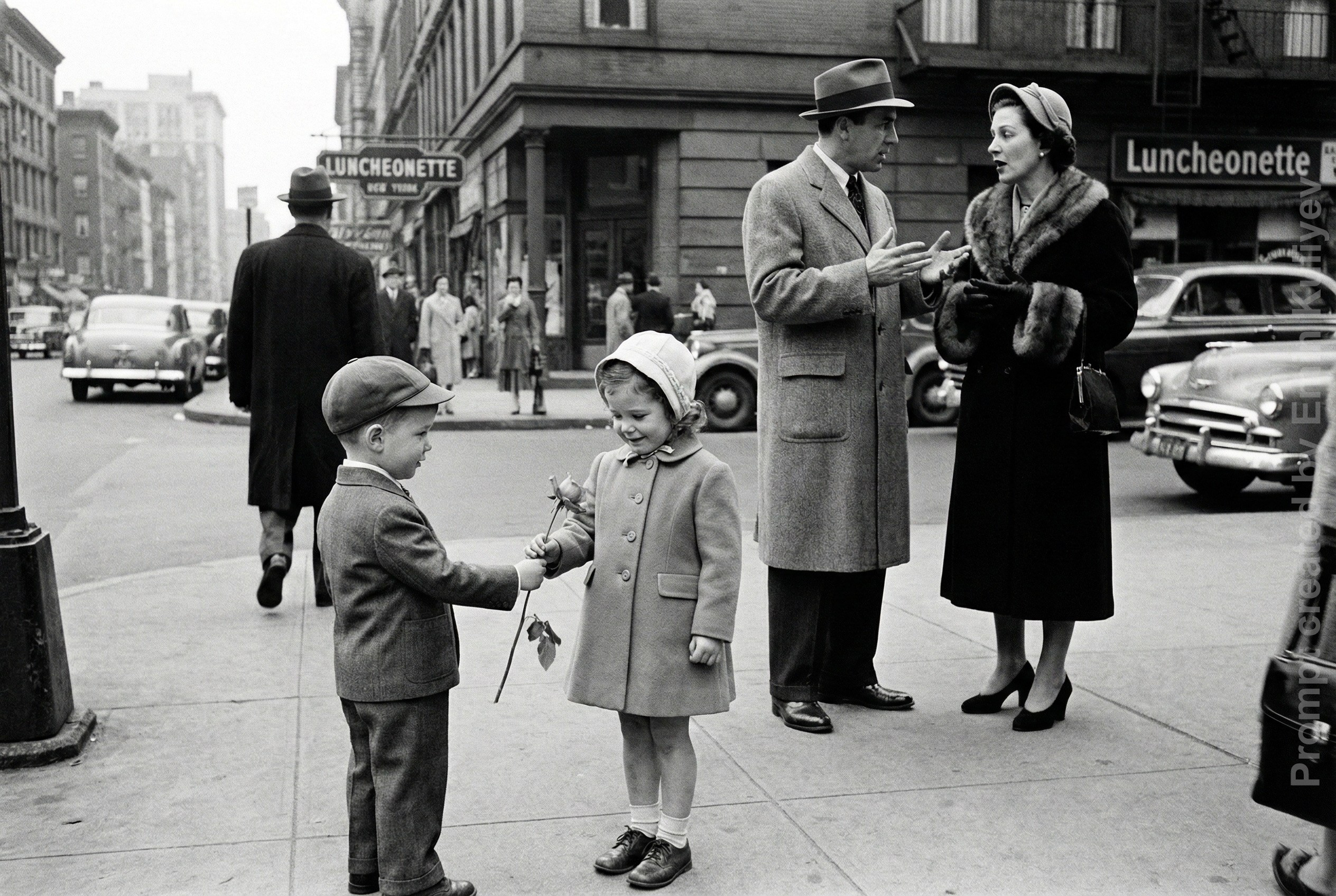 AI 1950s photo style test, vintage film look, realistic AI photography, retro image generation, learn my prompts in online class. Emin Kuliyev — Award-Winning Wedding Photojournalist NYC & USA | Best Wedding Photographer Known for Candid, Timeless Moments