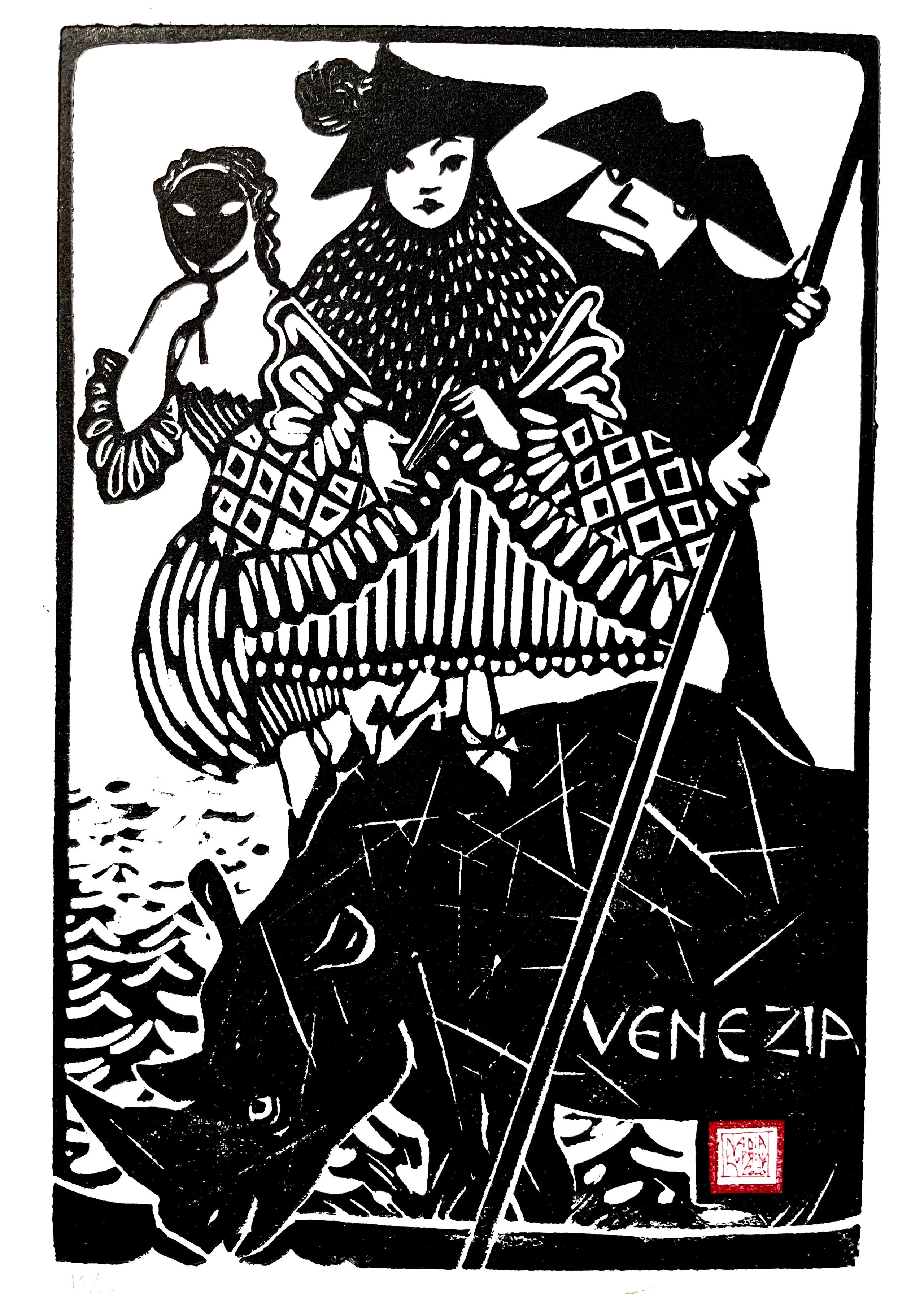 Stampa d’arte, linoleografia, cartolina, a mano, edizione limitata, grafica d’autore, grafica d’arte, Rinoceronte, Paolo Longhi, maschere,  Venezia