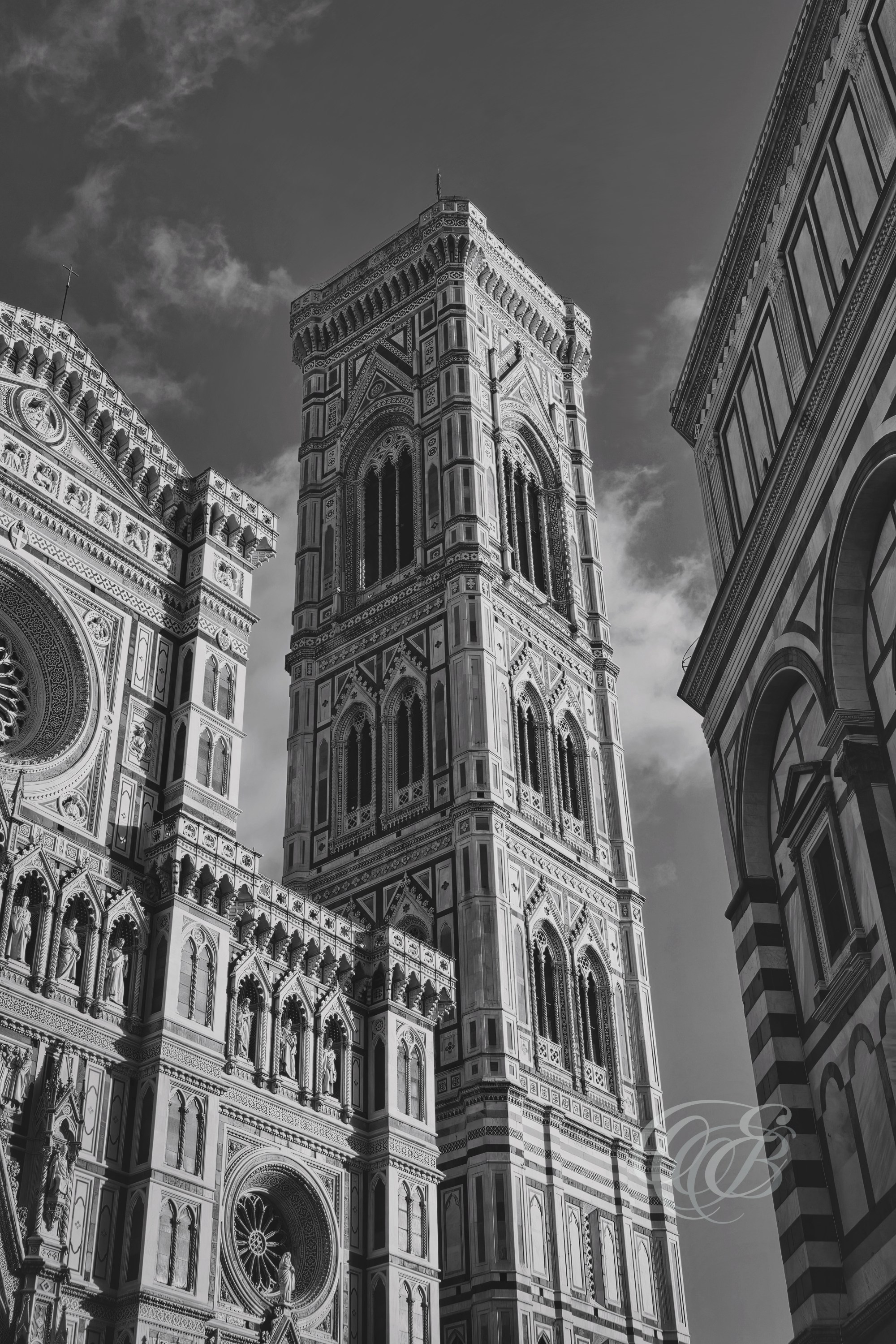 Florence Italy - Santa Maria del Fiore Campanile - B&W Matte - Eduardo Bartoli Fine Art Photography - Black-and-white matte photograph of the Campanile of Santa Maria del Fiore in Florence, Italy – fine art photography by Eduardo Bartoli.