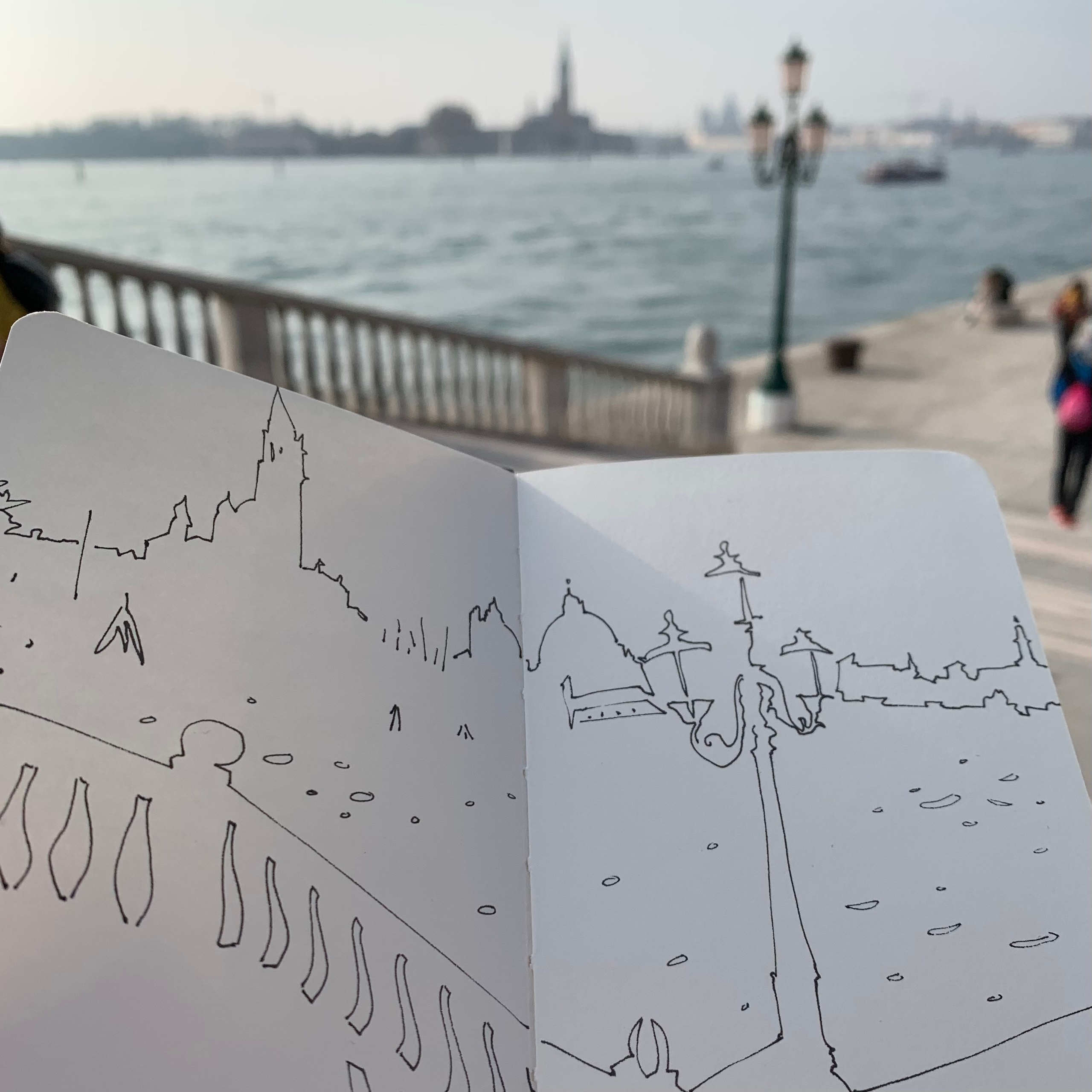 Moleskine notebook with hand-drawn sketches made in Venice, showcasing Nadia Kuprina’s exploration of drawing and the tactile experience of a personal sketchbook.