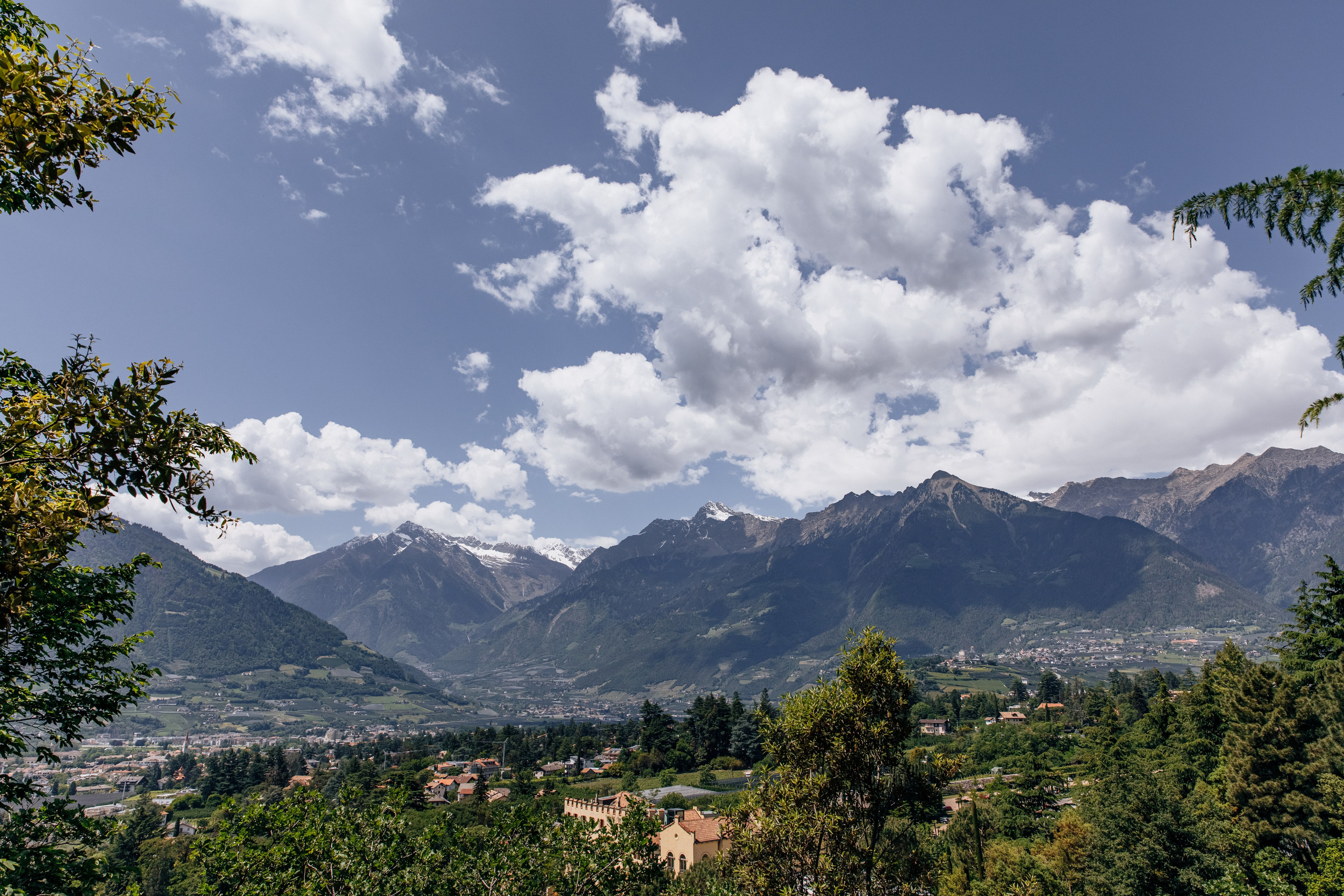 Panoramablick auf den Garten von Schloss Trauttmansdorff, eine malerische Landschaft mit üppiger Vegetation und historischen Architektur.