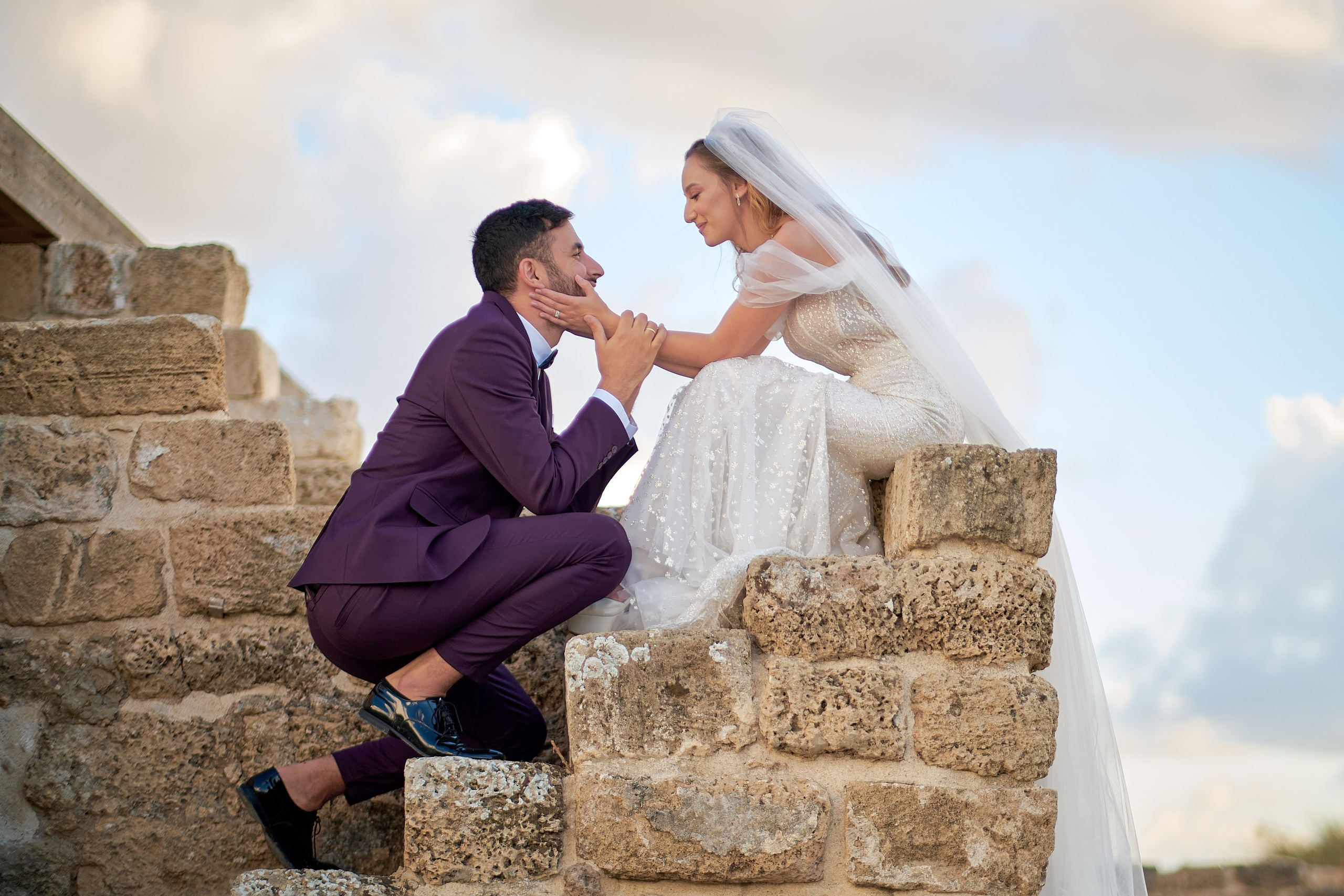 Love Story , wedding Romantic wedding couple portrait, bride with veil and groom in suit, emotional wedding photography by Maxim Polak Israel