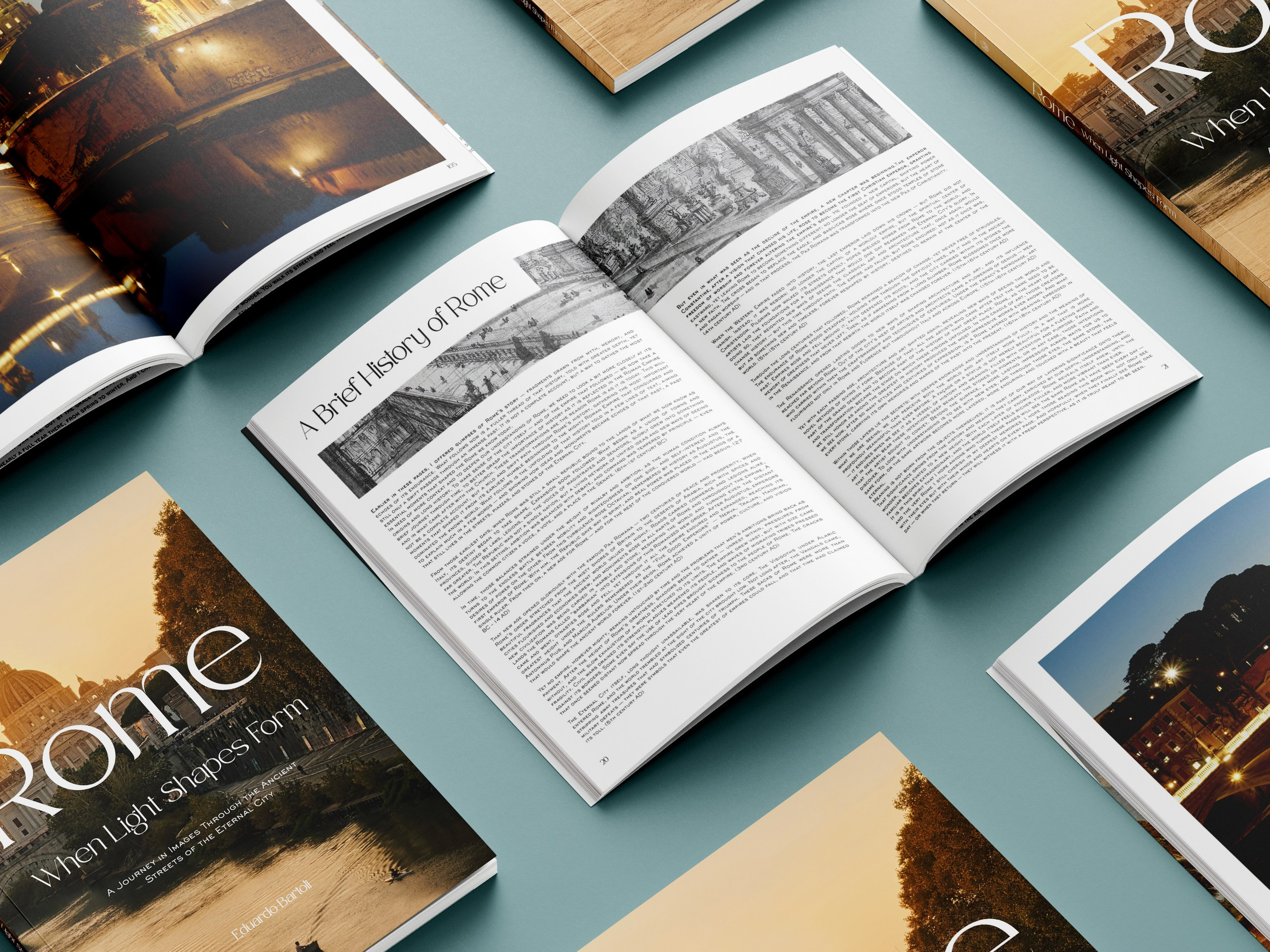 Rome, Italy – Photography Book – Rome — When Light Shapes Form – Open hardcover photography book displayed in an editorial layout, showcasing original photographs and historical content about Rome – Eduardo Bartoli Photography