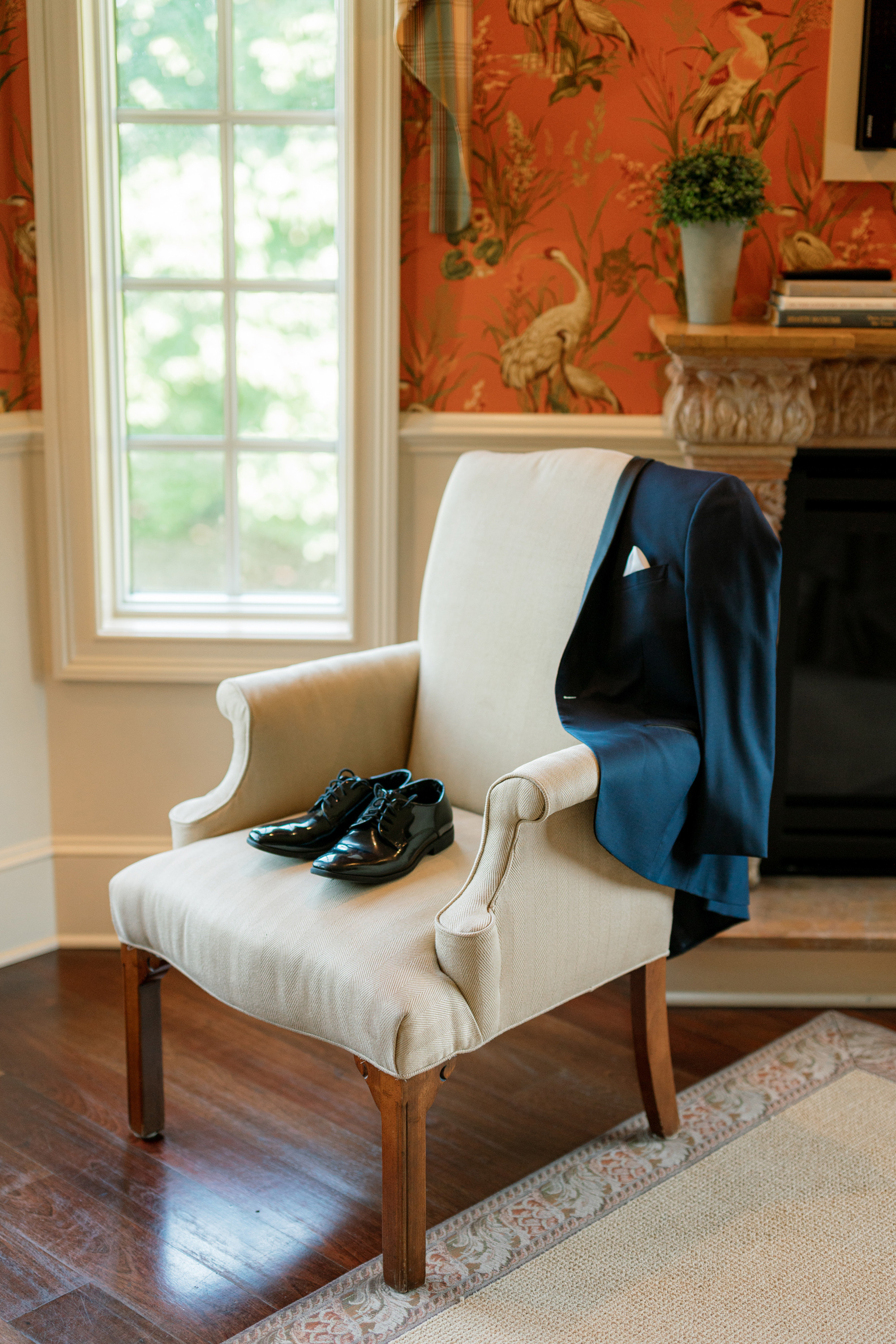 a chair with a blue blanket on it
