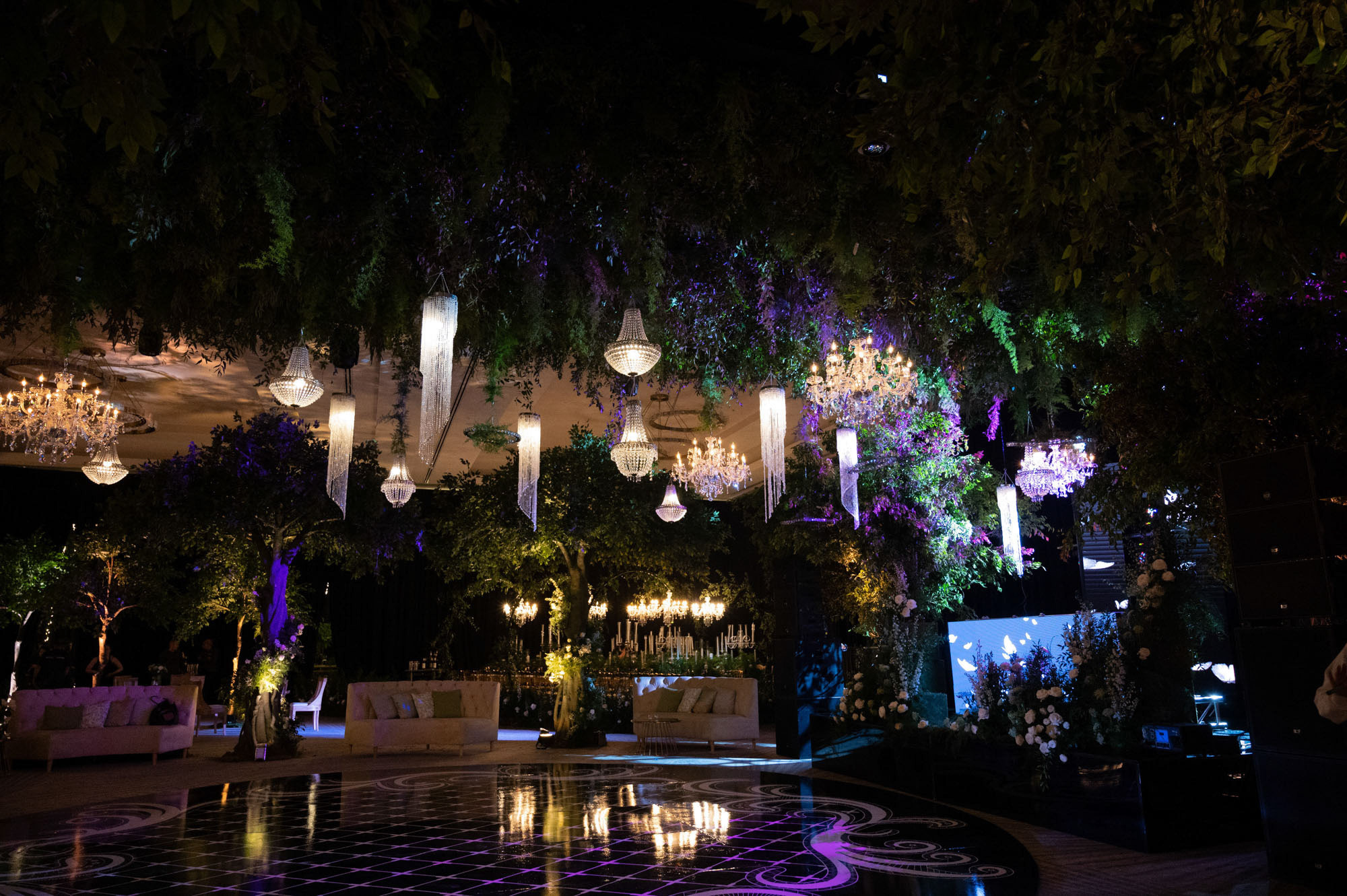 a large room with a lot of lights and a lot of plants