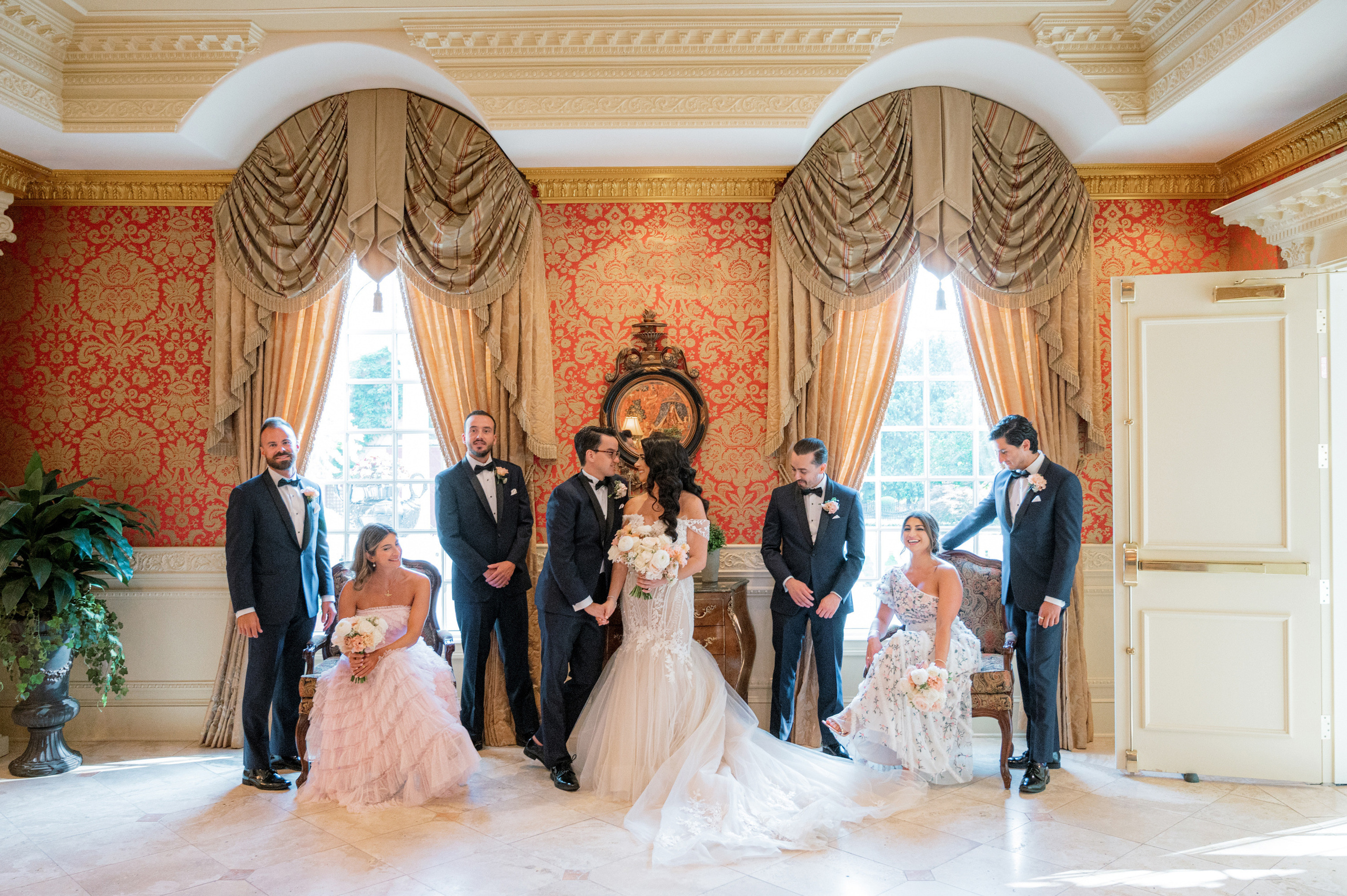 a group of people standing in a room