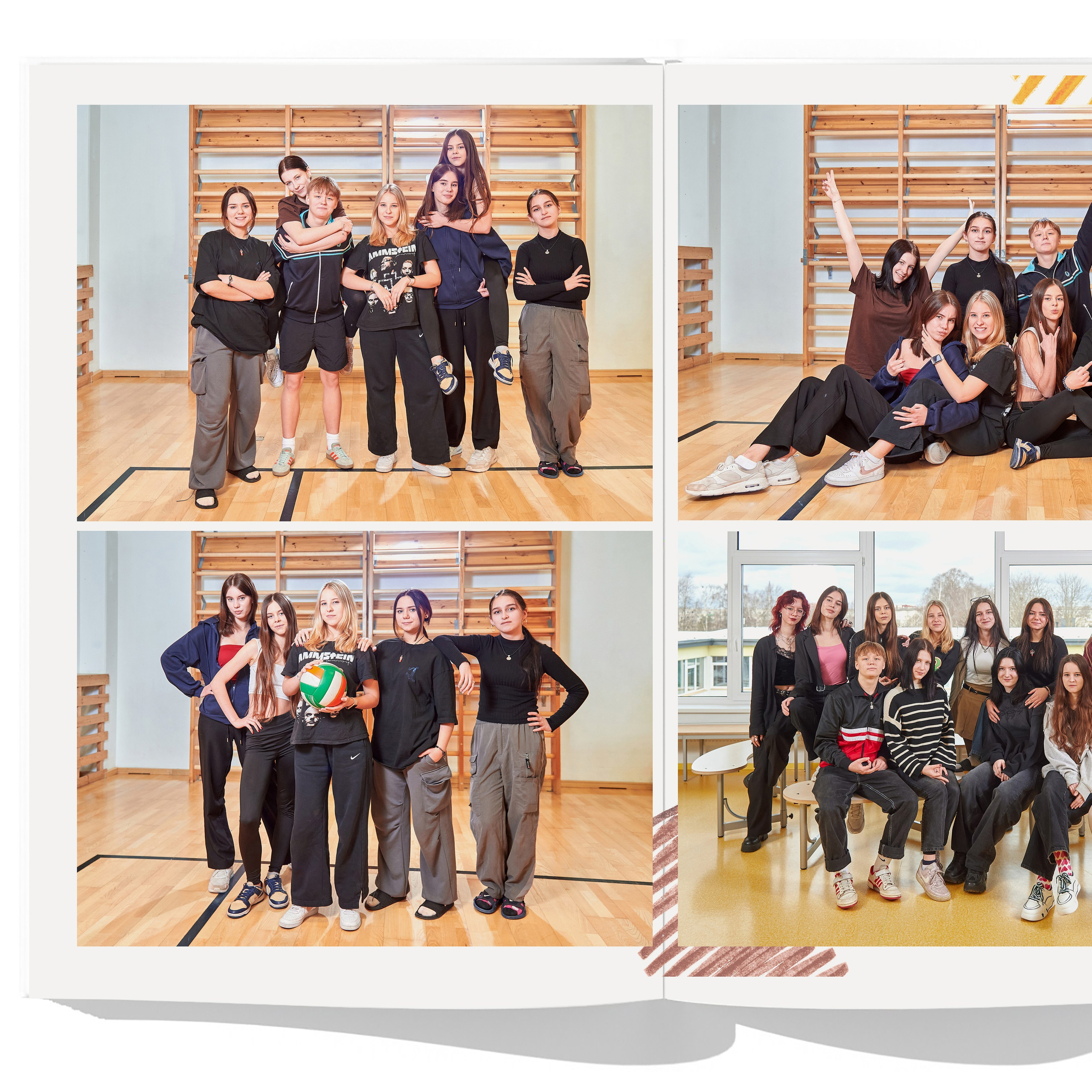 Разворот с фотографиями с позирующими друзьями на уроке физкультуры