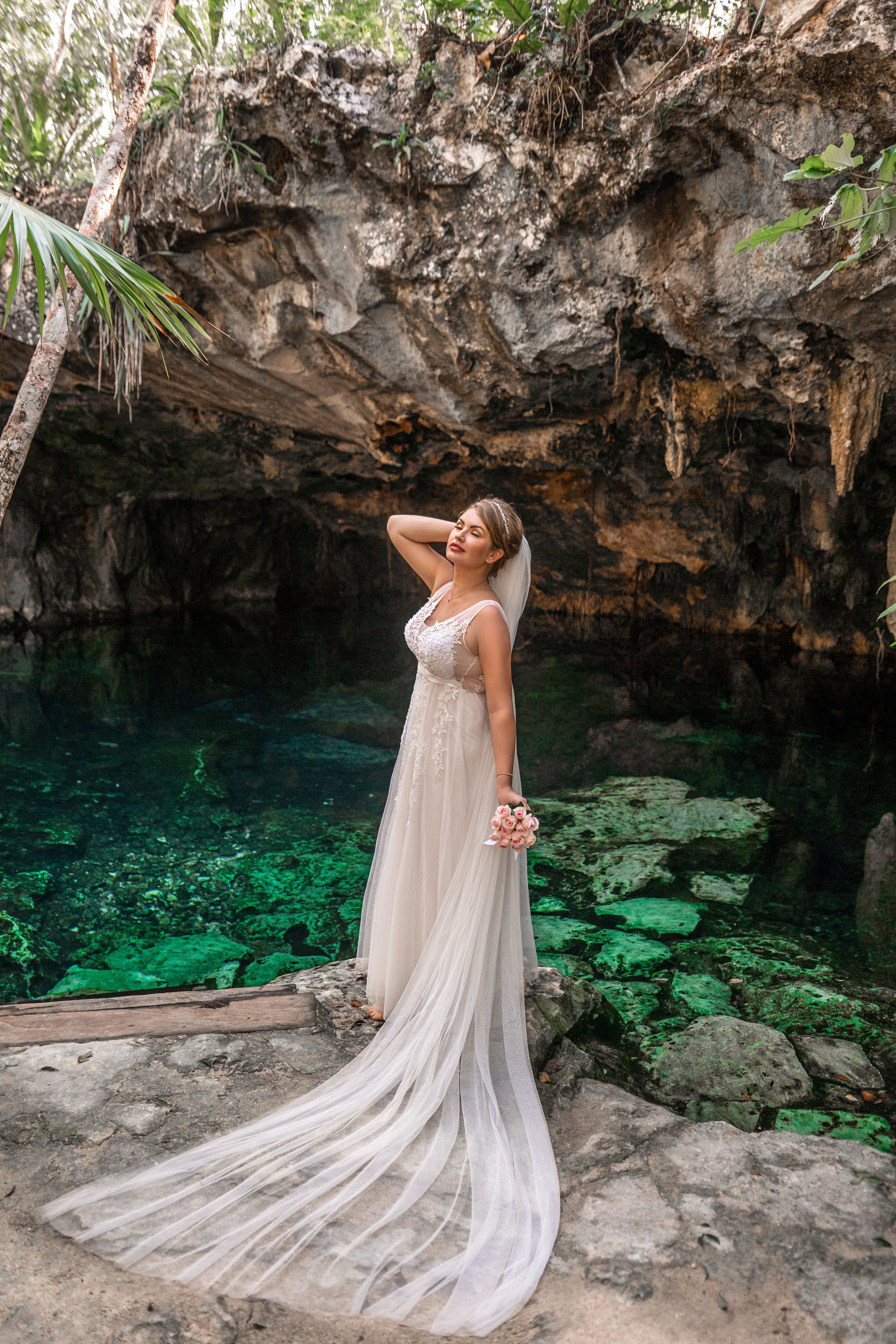 Destination wedding photography in sacred Mexican cenote