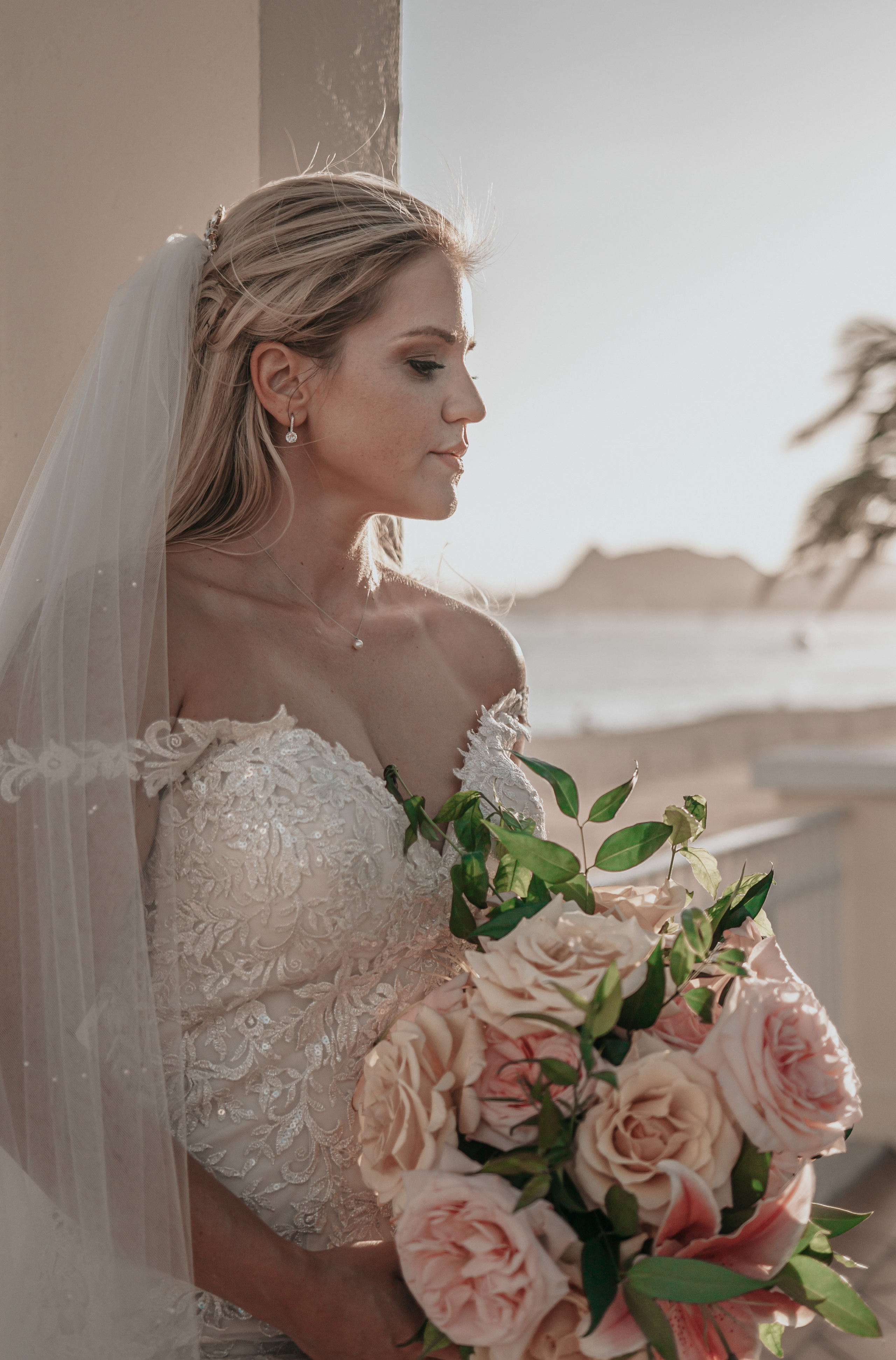 Emotional bridal portrait with soft sunlight and roses in Cabo San Lucas
