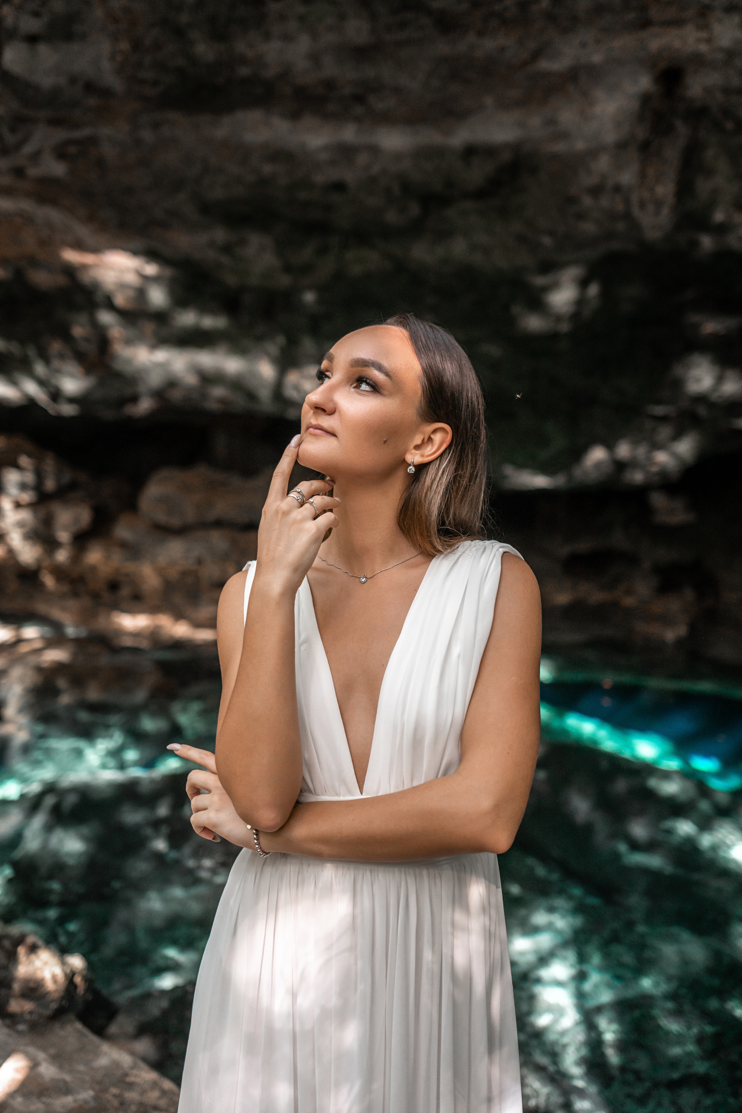 Cancun engagement photoshoot with cenote backdrop