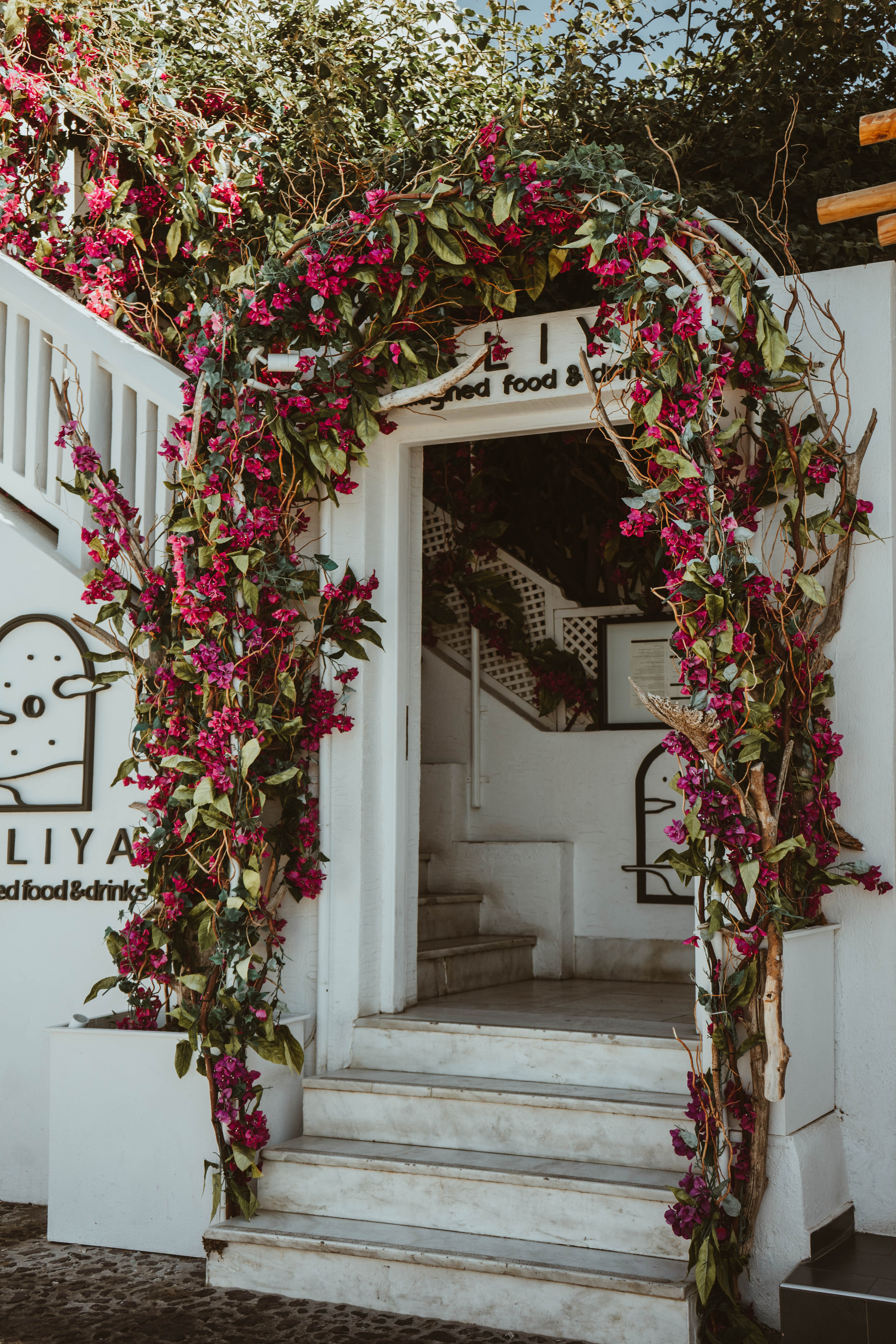 snow-white cafe is buried in flowers in santorini