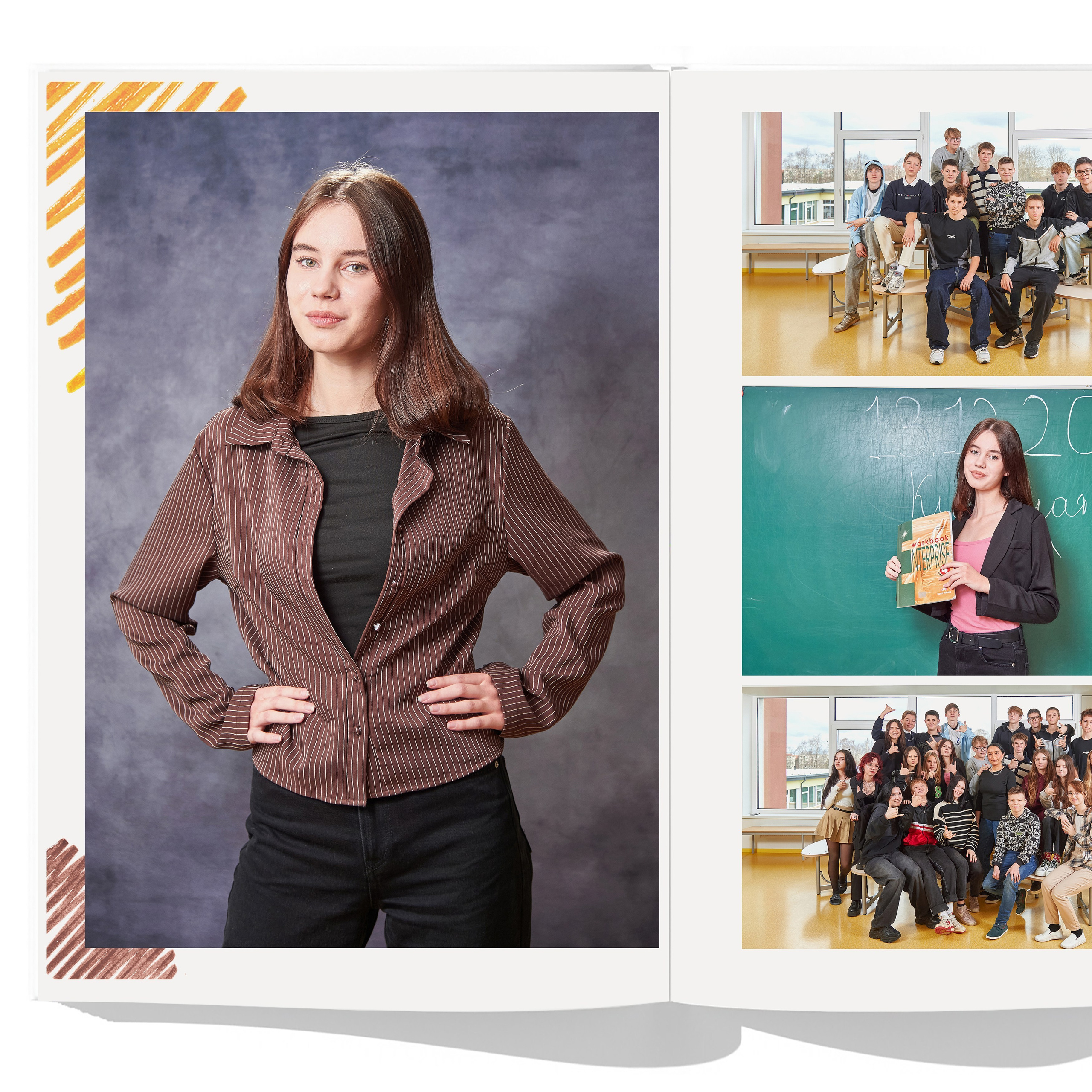 Ученик позирует на студийном фоне