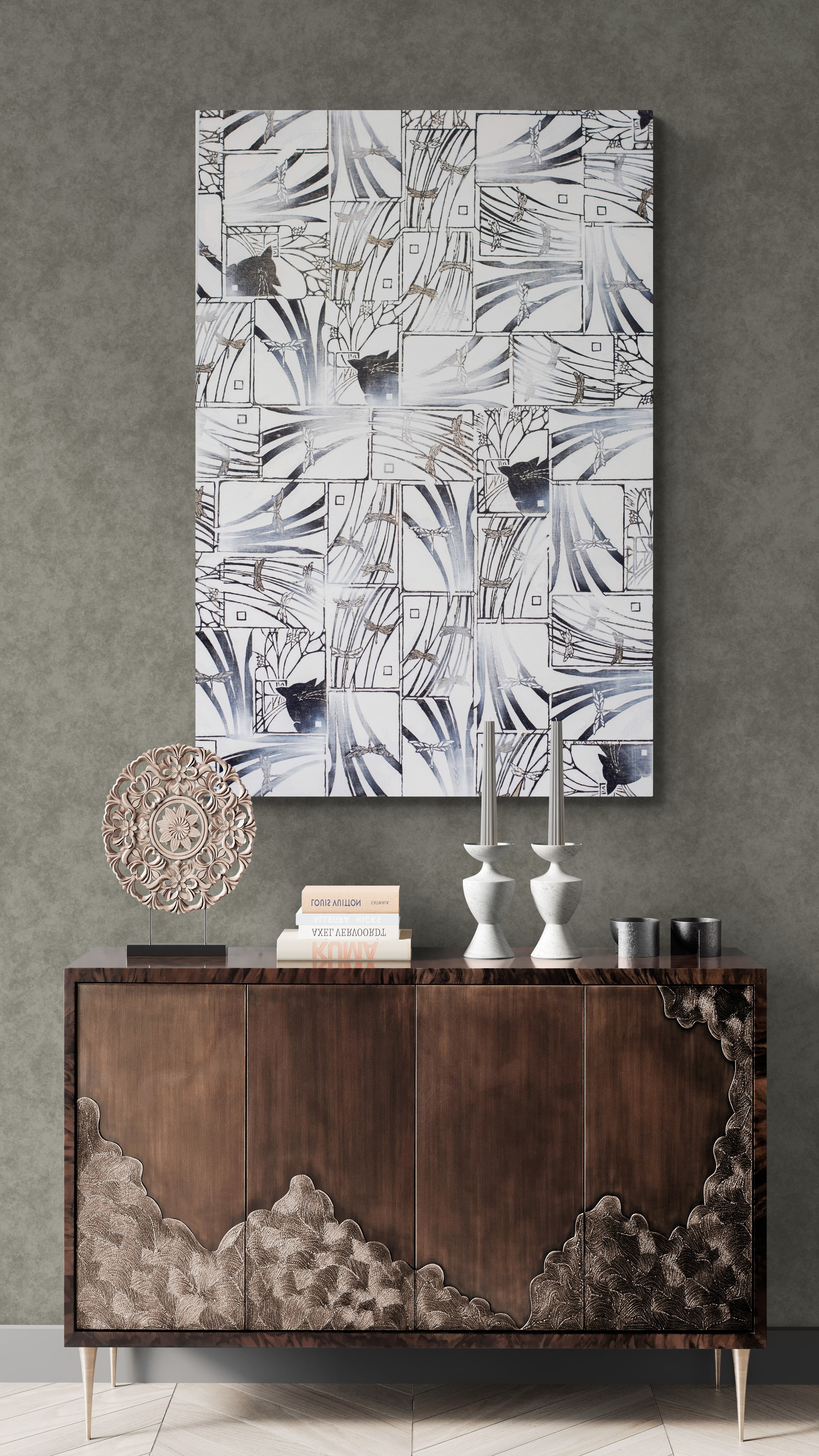 Opera unica del 2021, “Gatti e Libellule”, tecnica mista su tela con stampa da linoleografia e ricamo, bianco e nero, lavoro complesso e manuale, già esposto in contesti professionali.