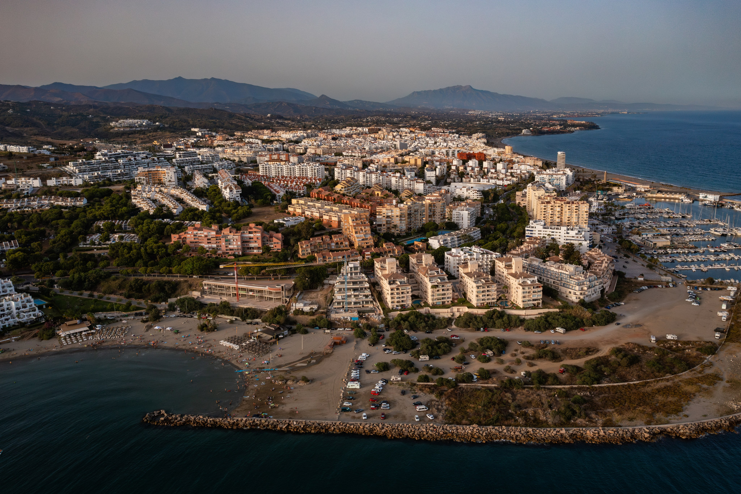 Drone view of Estepona iconic beach and city skyline by Estepona real estate photographer