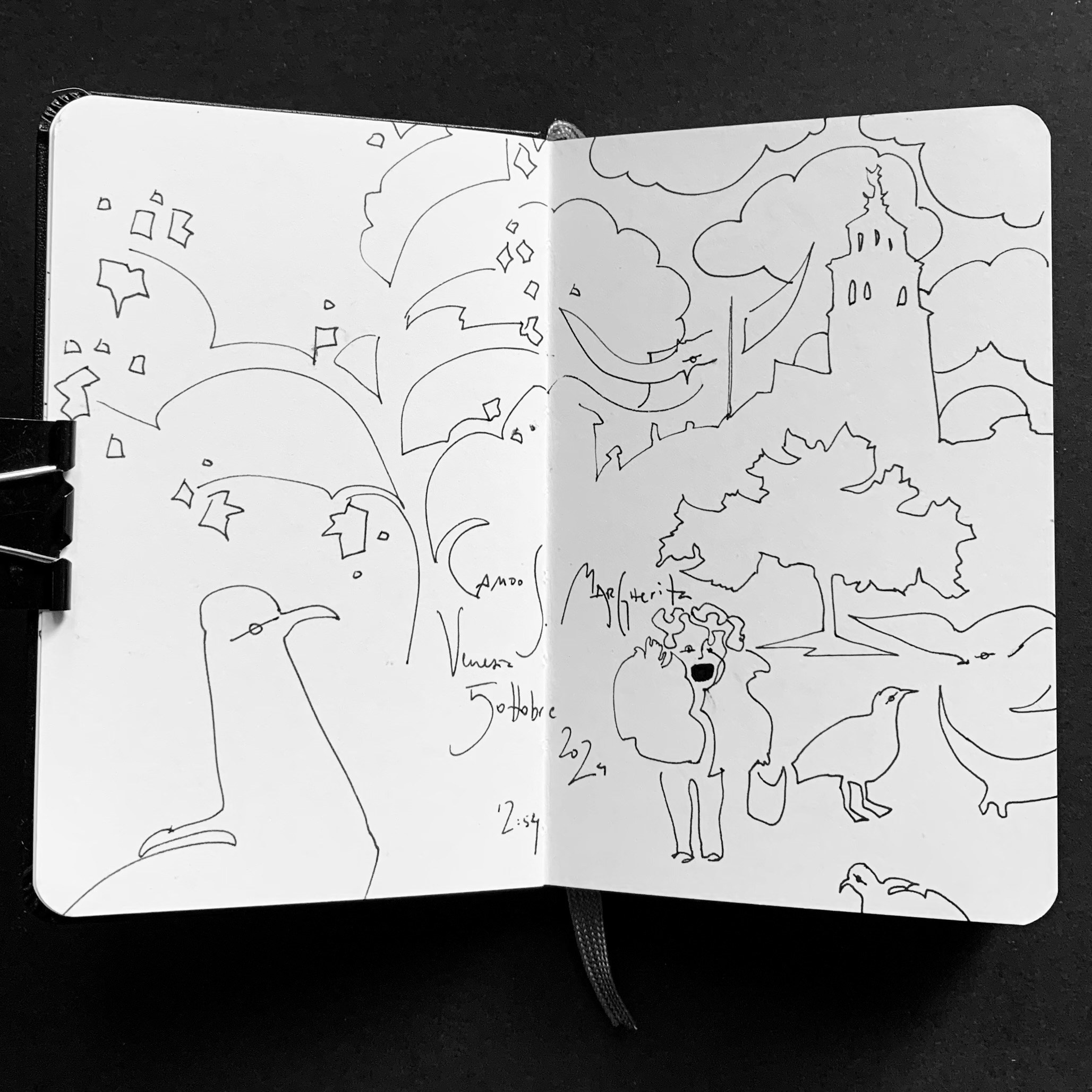 Moleskine notebook with hand-drawn sketches made in Venice, reflecting Nadia Kuprina’s daily drawing practice rooted in observation and visual research. A character drawing of children and seagull.
