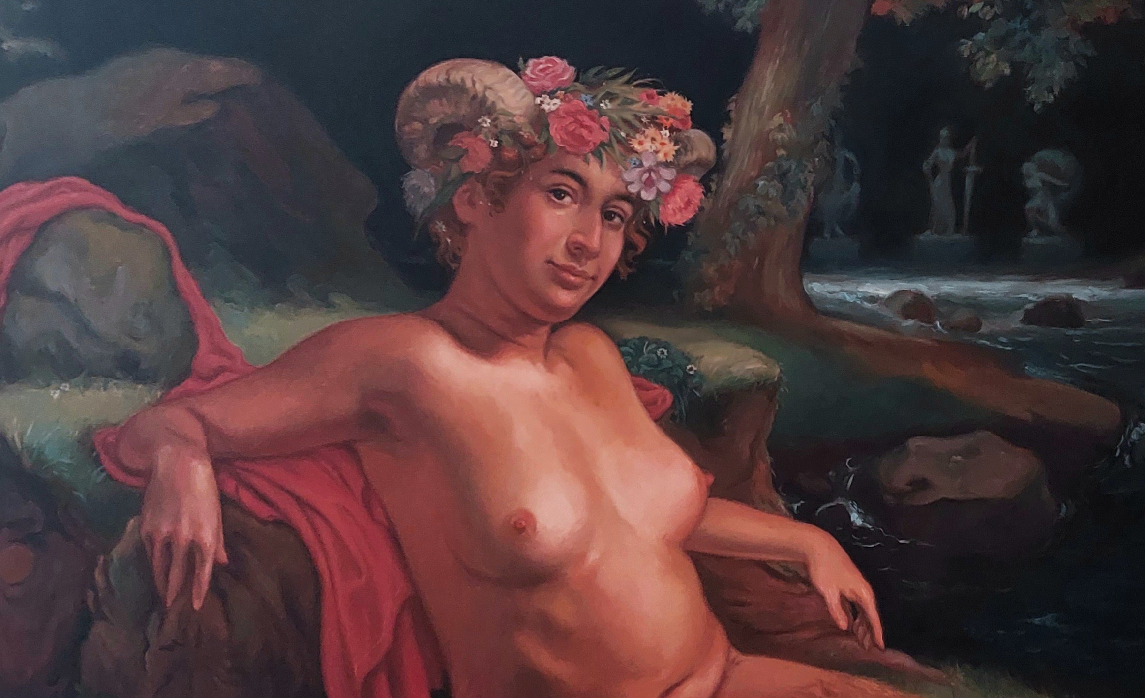 Fawnesse with Two Male Nymphs, oil painting, Barbara Cabral. Barbara Cabral