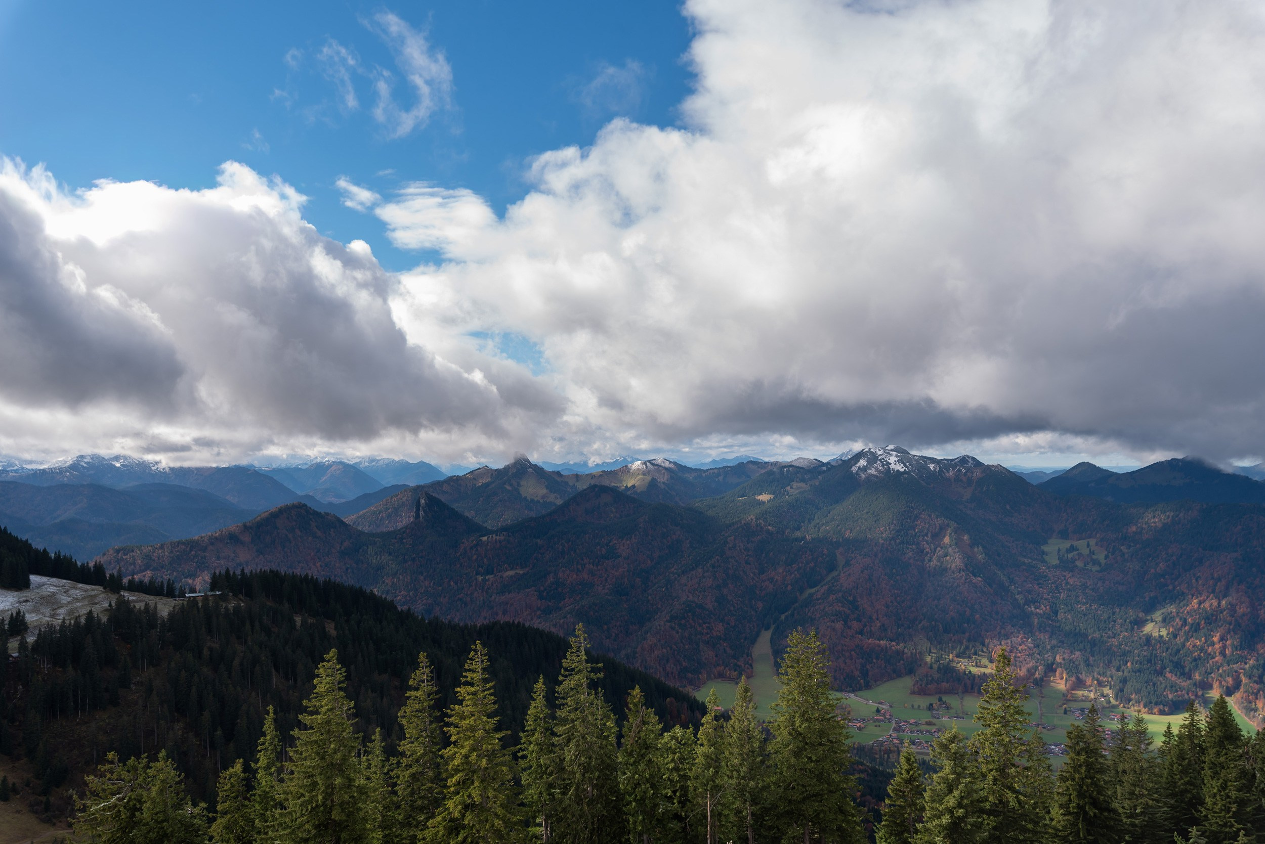 Mountain panorama of the Bavarian Alps with green pines in the foreground, Wallberg.
