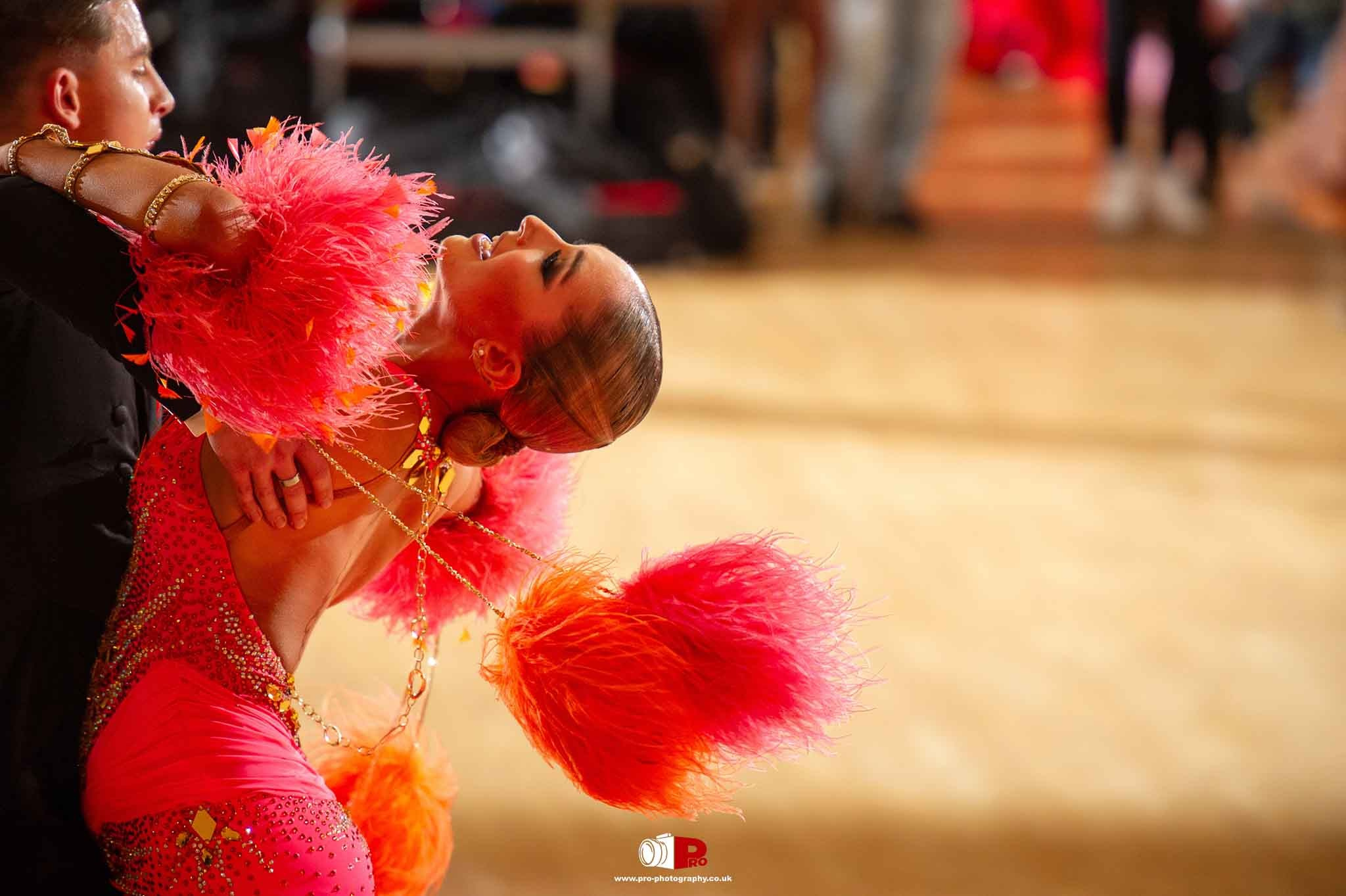 A couple dancing with passion in bright pink feathered outfits during a ballroom dance competition.