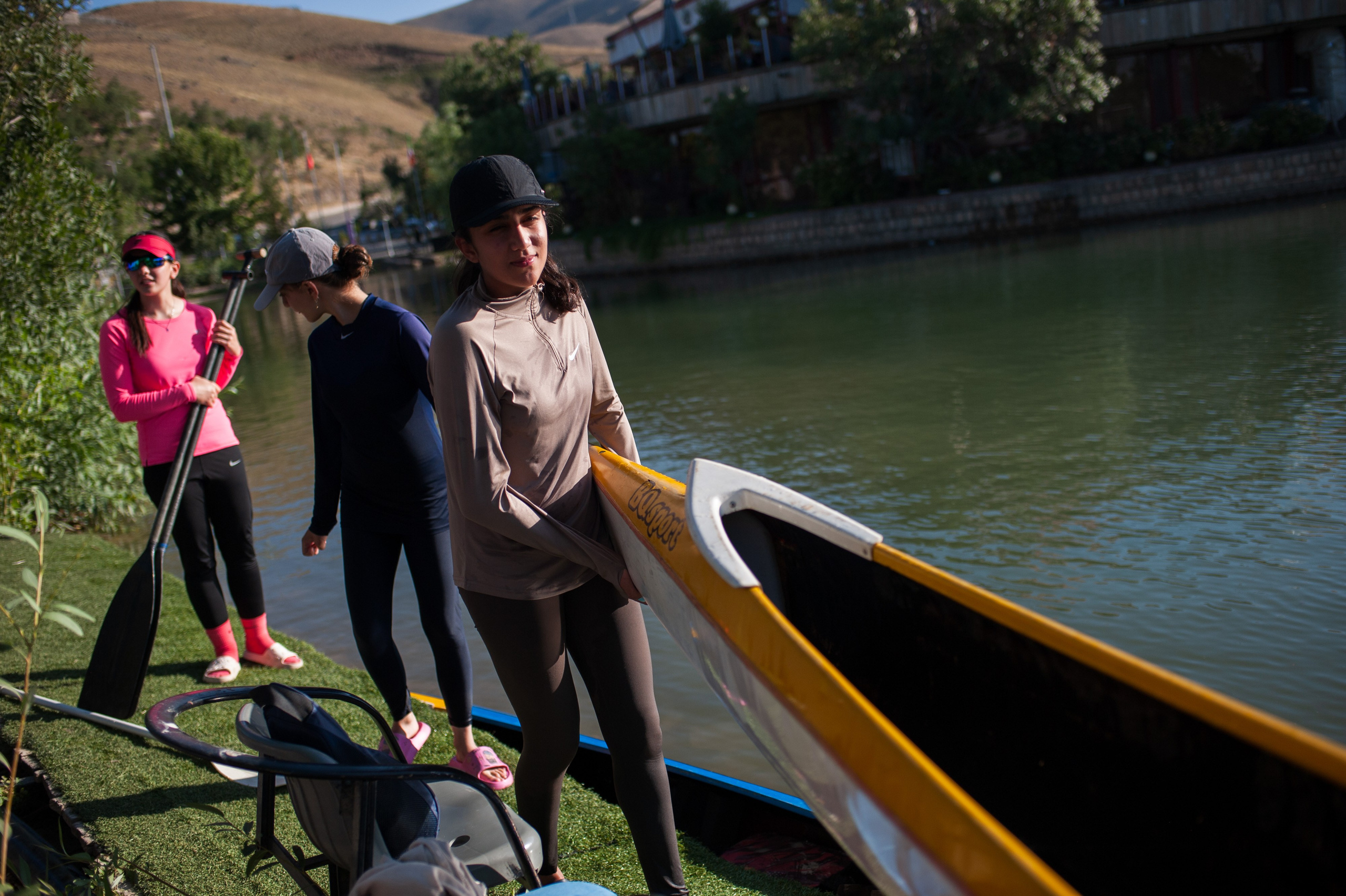 Limited space and equipment force team members to take turns using the kayaks during training.