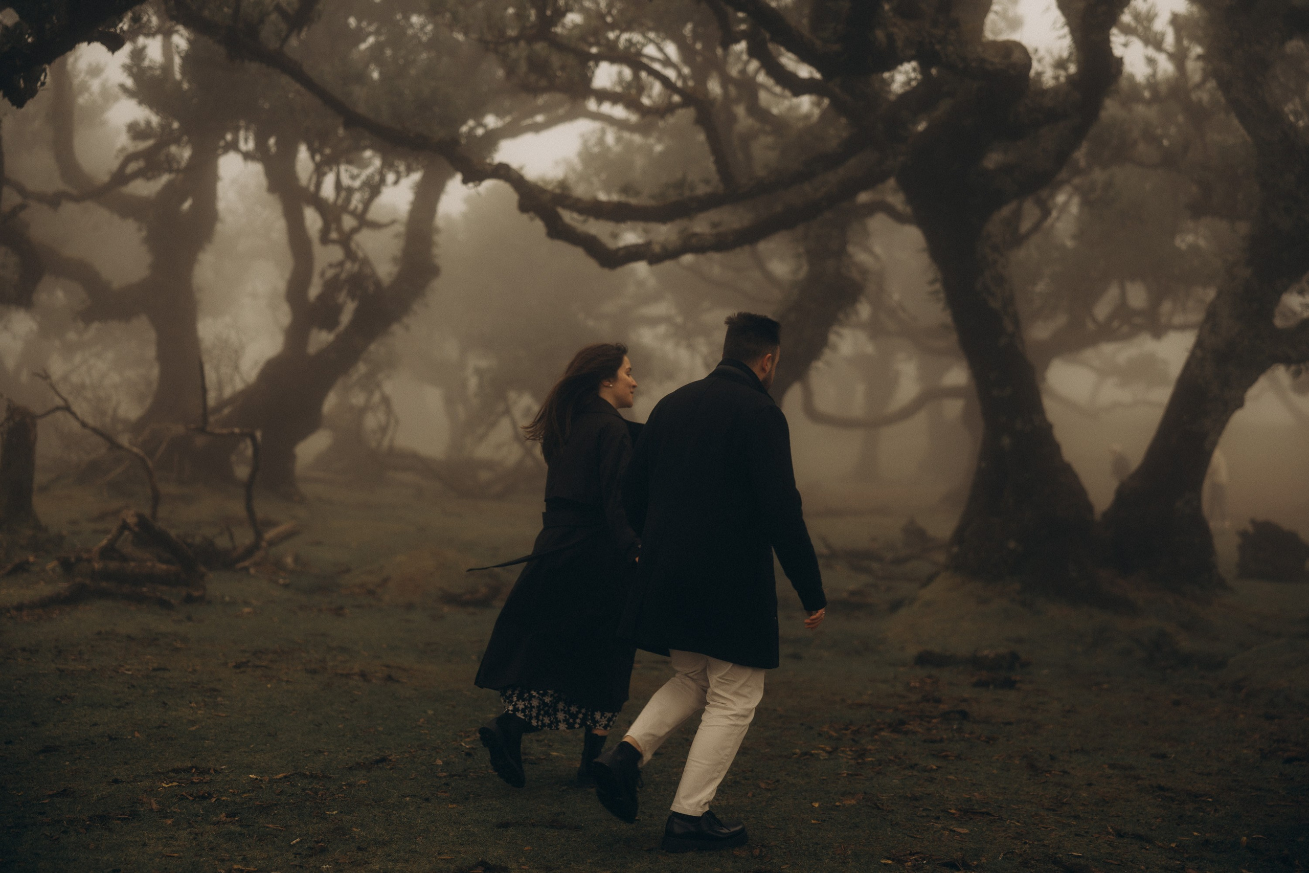 Couple photoshoot in Fanal Forest Madeira PortugalA romantic couple standing amidst the ancient laurel trees of Fanal Forest, Madeira, surrounded by a mystical fog that adds an ethereal touch to the scene