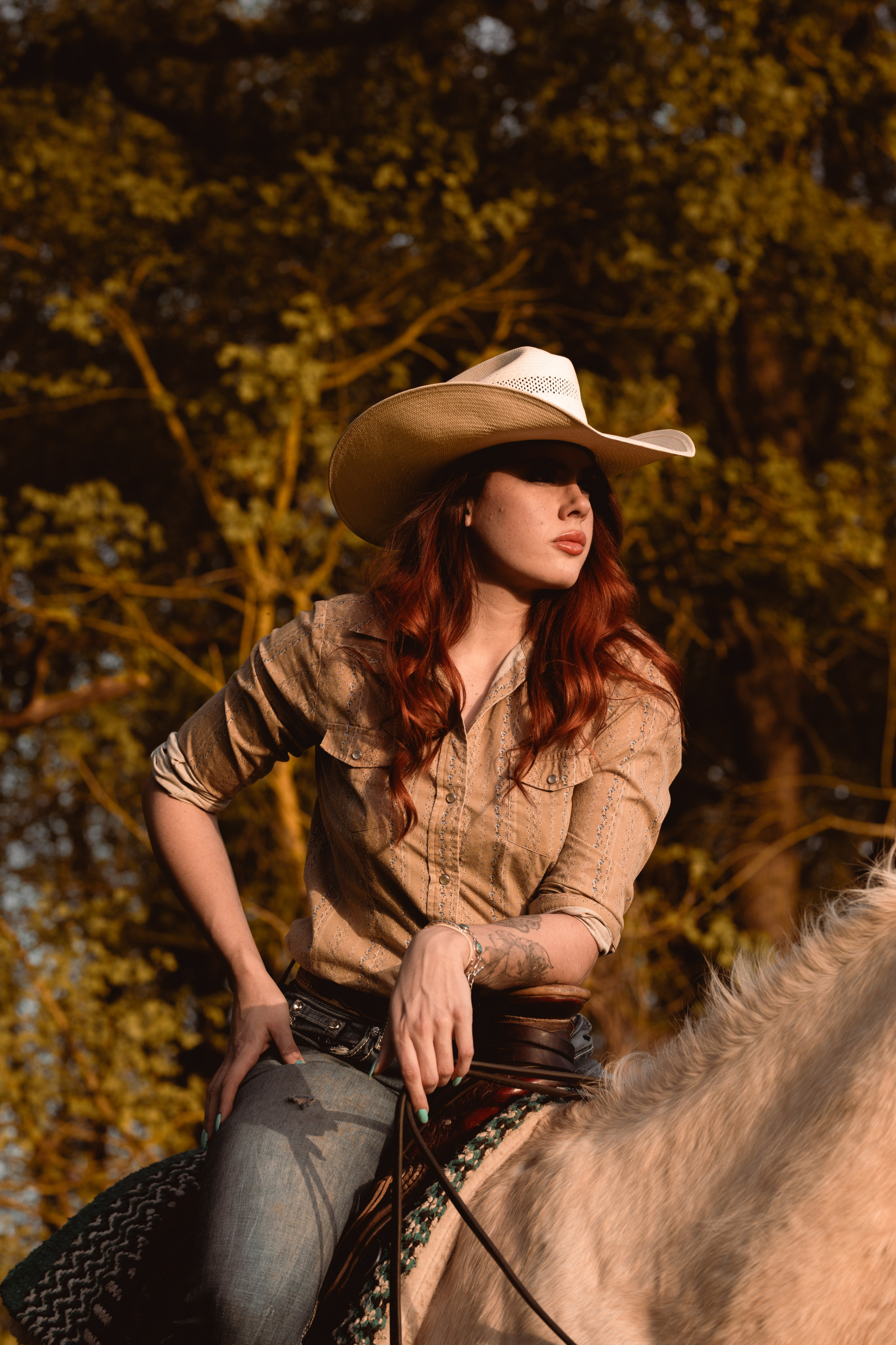 Cowgirl sur son cheval dans son ranch en France au coucher de soleil 