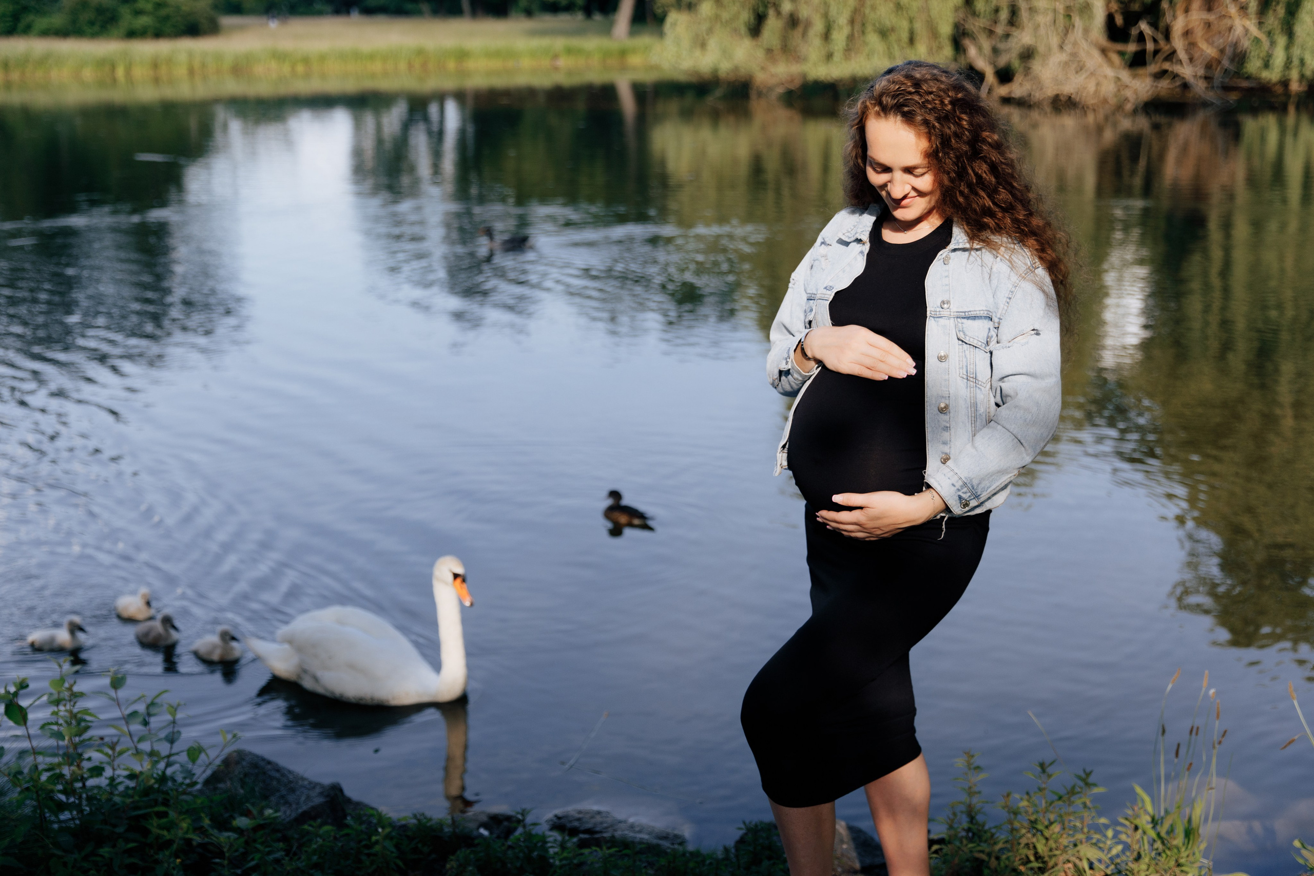 Schwangere Frau steht am See im Park Schönbusch, während ein Schwan mit Küken zu ihr schwimmt.