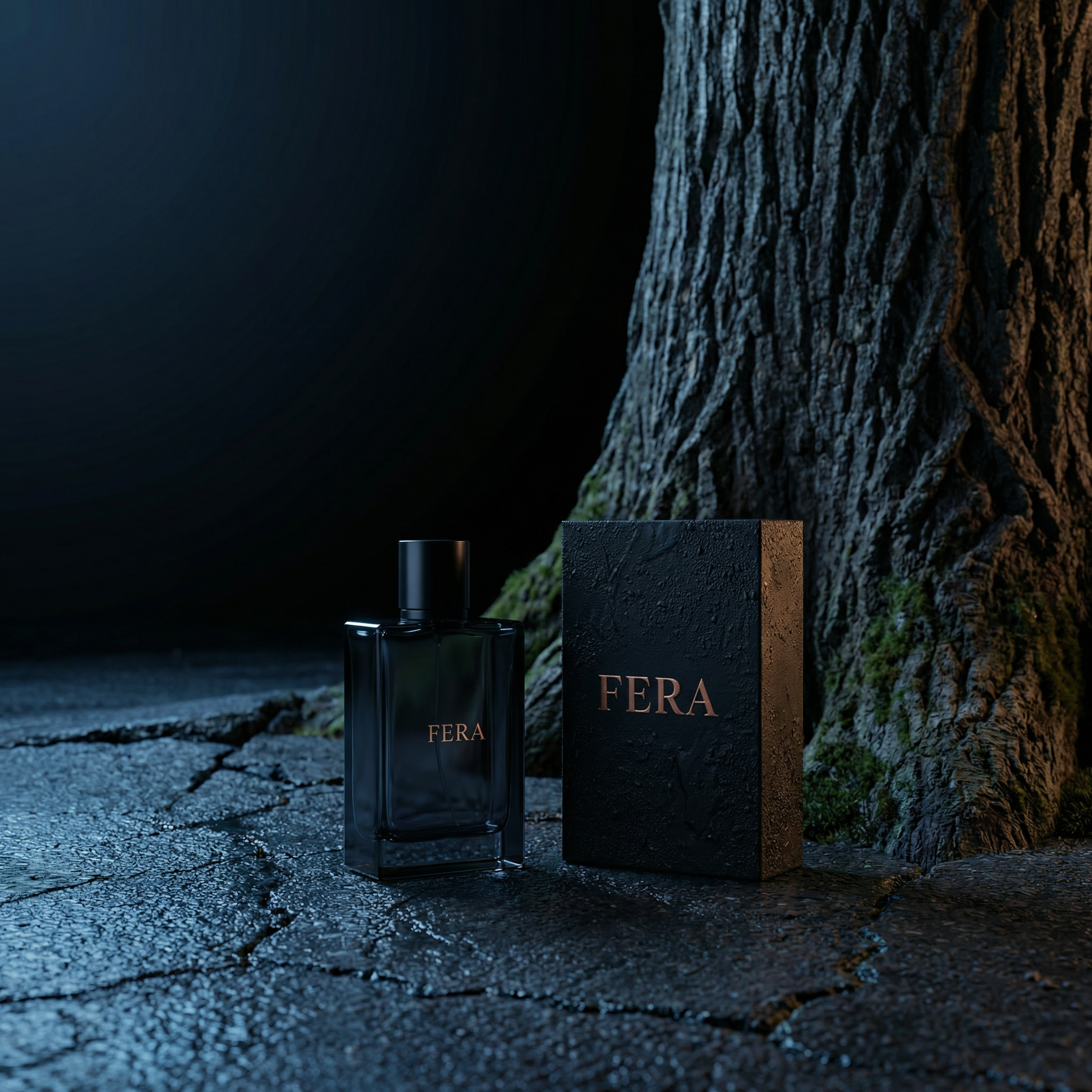 Темный флакон духов FERA на влажном асфальте в ночном освещении, за ним крупная лапа пантеры с когтями, драматическая атмосферная композиция.