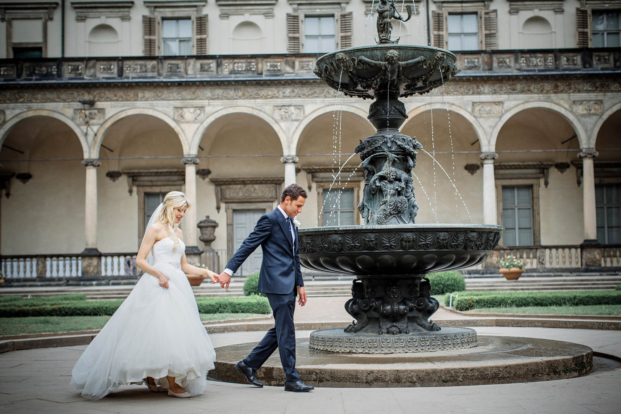 Newlyweds walking in the Belvedere Palace gardens, Prague Castle