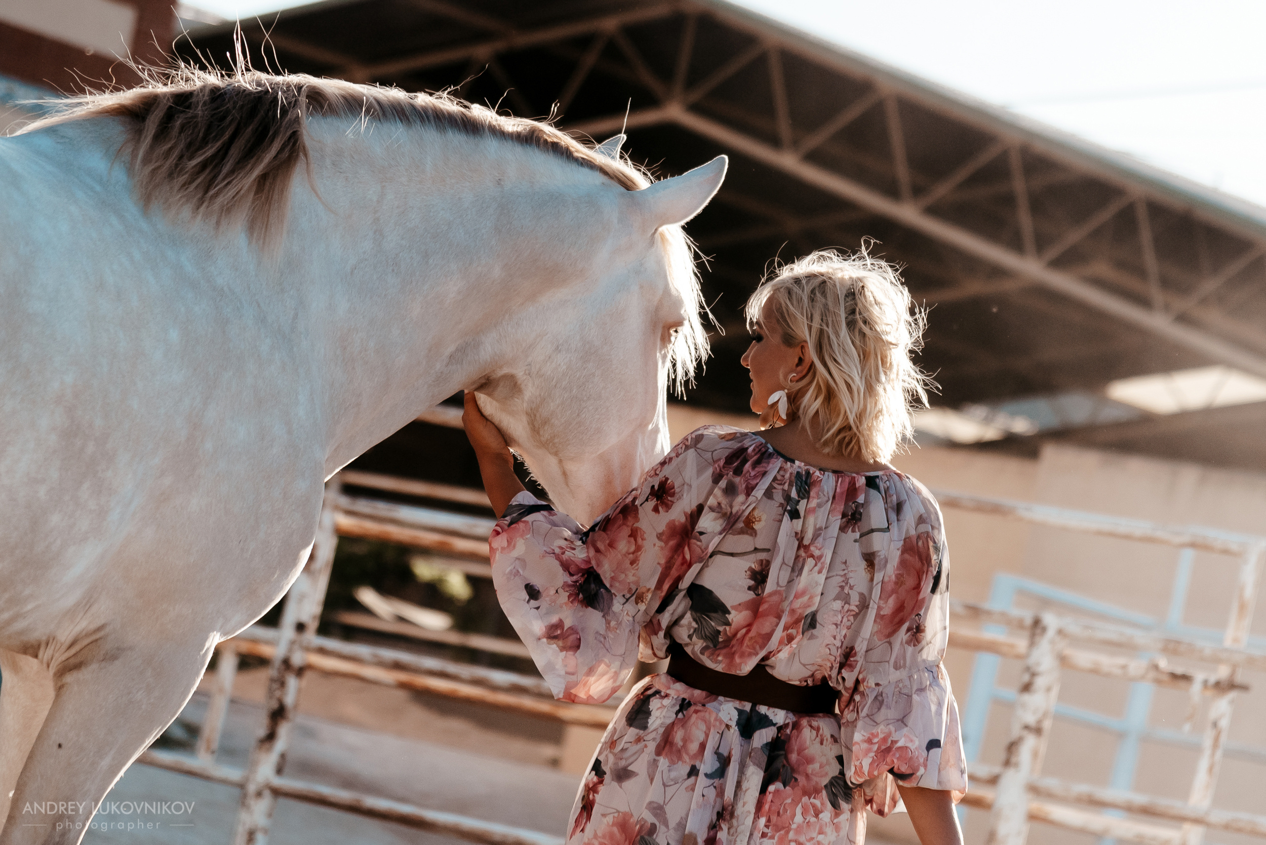 Фотосессия девушки с белой лошадью