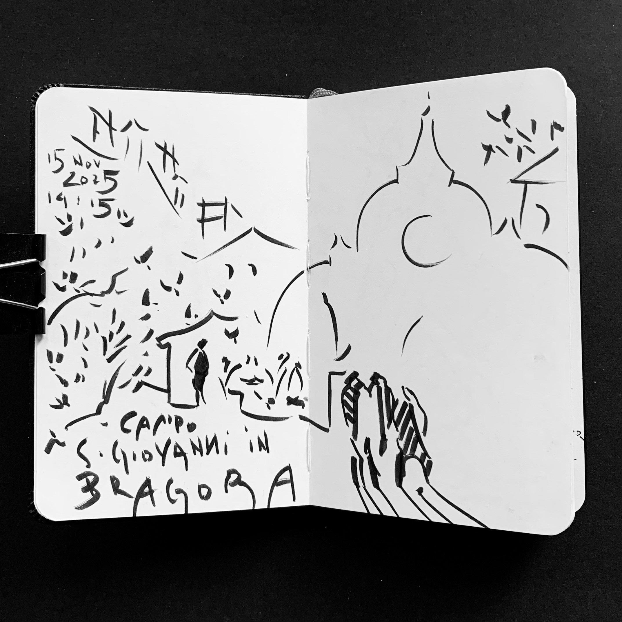 Moleskine notebook with original hand-drawn works on paper created in Venice, part of Nadia Kuprina’s contemporary drawing practice. Gesture drawing.