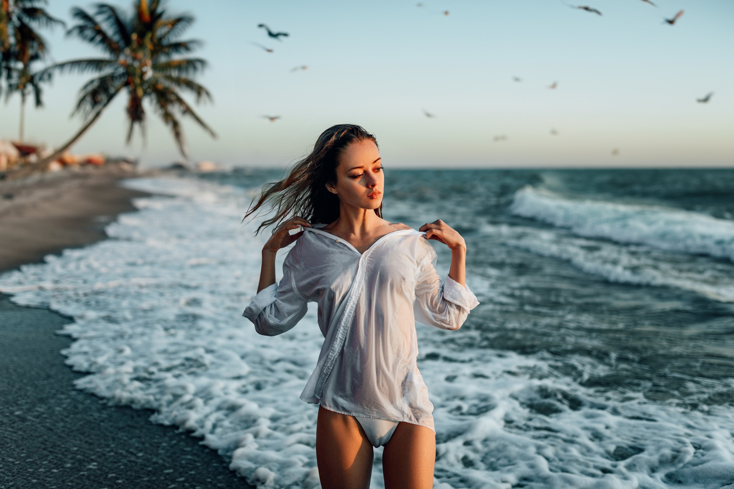 A young woman in a white shirt and bikini bottoms walks gracefully along the shore, with palm trees and the setting sun in the background. The scene captures a perfect moment of serenity and beauty, ideal for a memorable beach photoshoot. Book your session with the best photographer in Miami today. Palm trees, setting sun, serene walk, beach photoshoot, Miami photographer