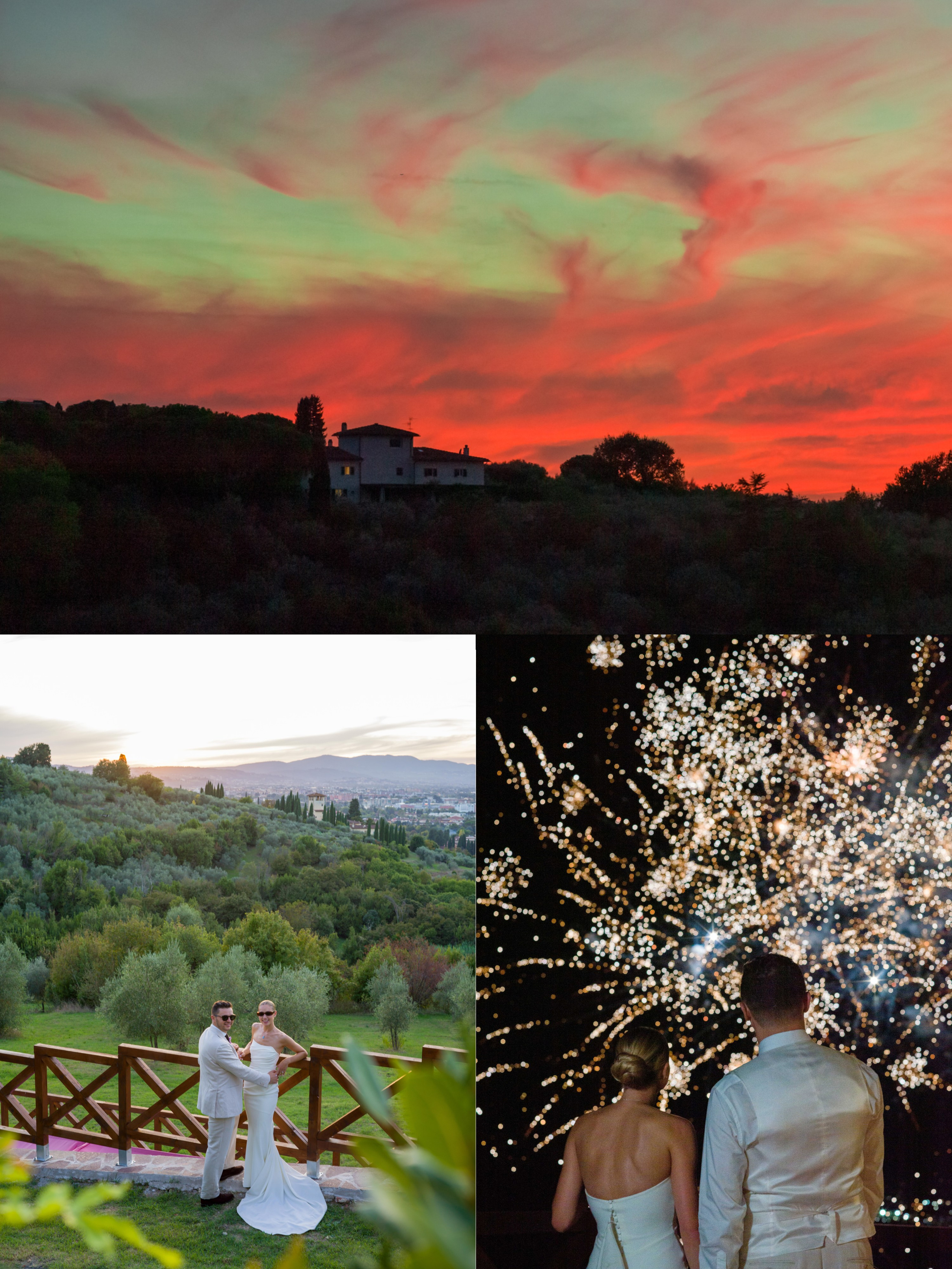 Bride and groom at sunset in Tuscany