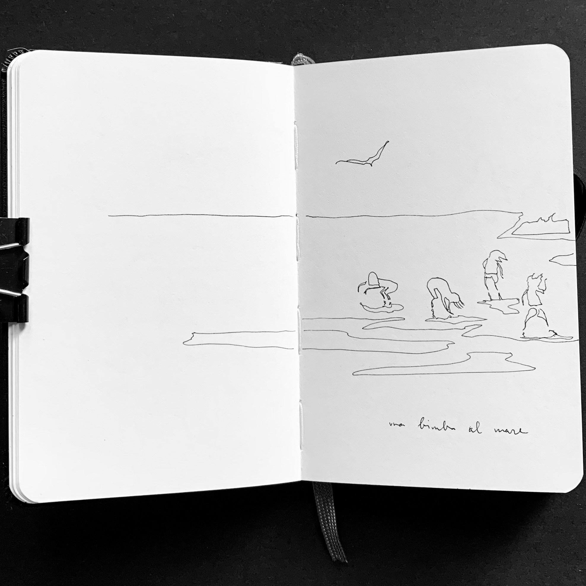 Moleskine notebook with original drawings made in Venice, research on paper for an editorial project by an artist who lives and works in Venice. A linear minimalist illustration of a little girl playing on the beach.